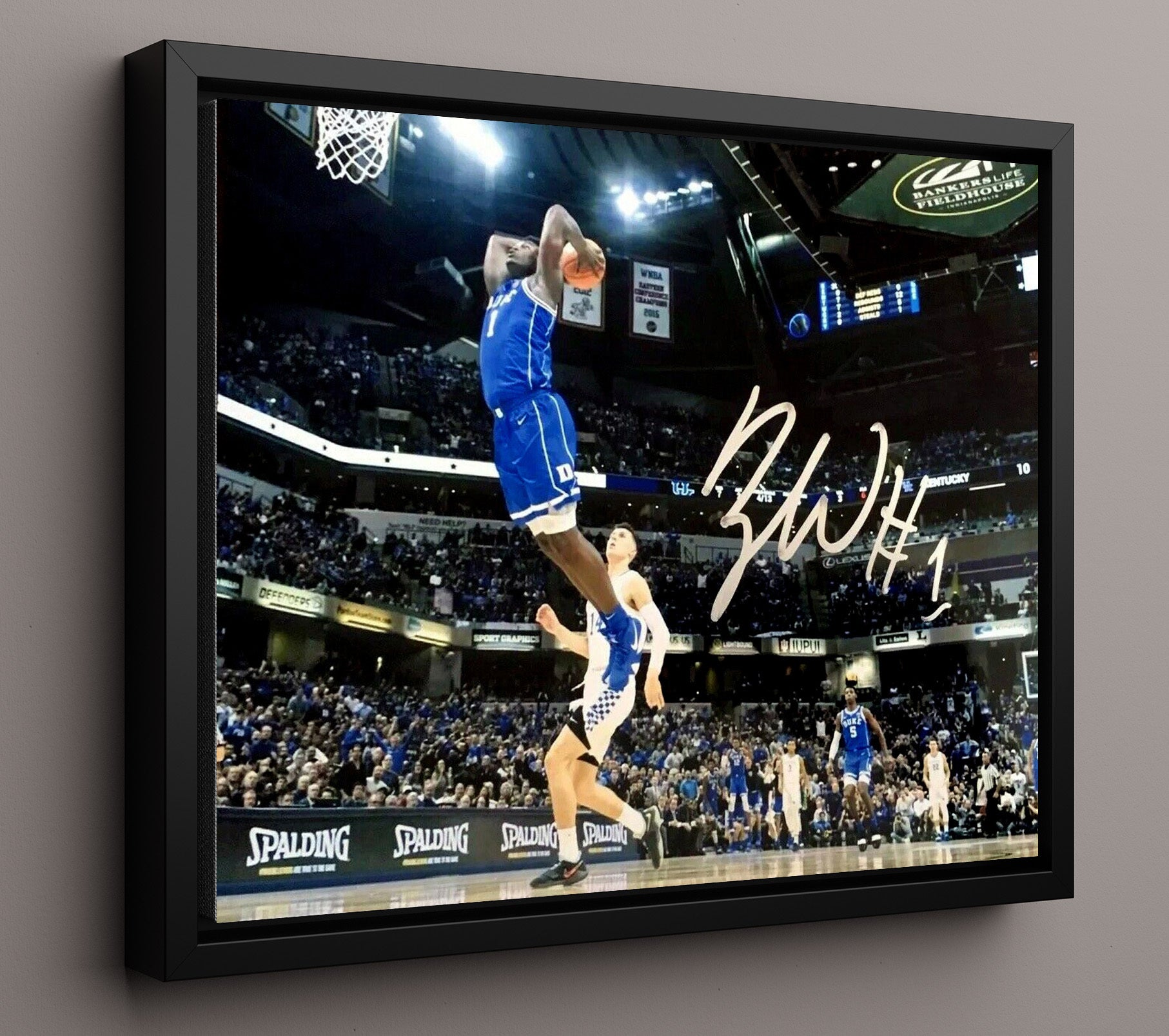 Duke Basketball Zion Williamson Explosive Rim Rocker Dunk College Basketball Wall Art 16x20 Framed Canvas college basketball wall art print