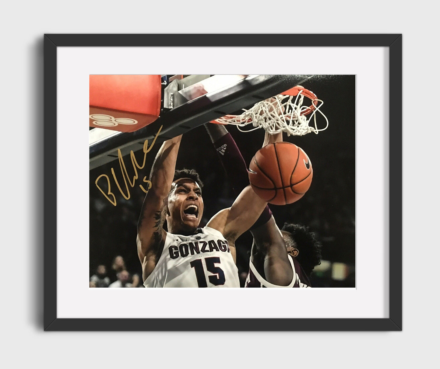 Gonzaga Basketball Brandon Clarke Two Hand Dunk Rim Finish College Basketball Wall Art 16x20 Gallery Frame college basketball wall art print