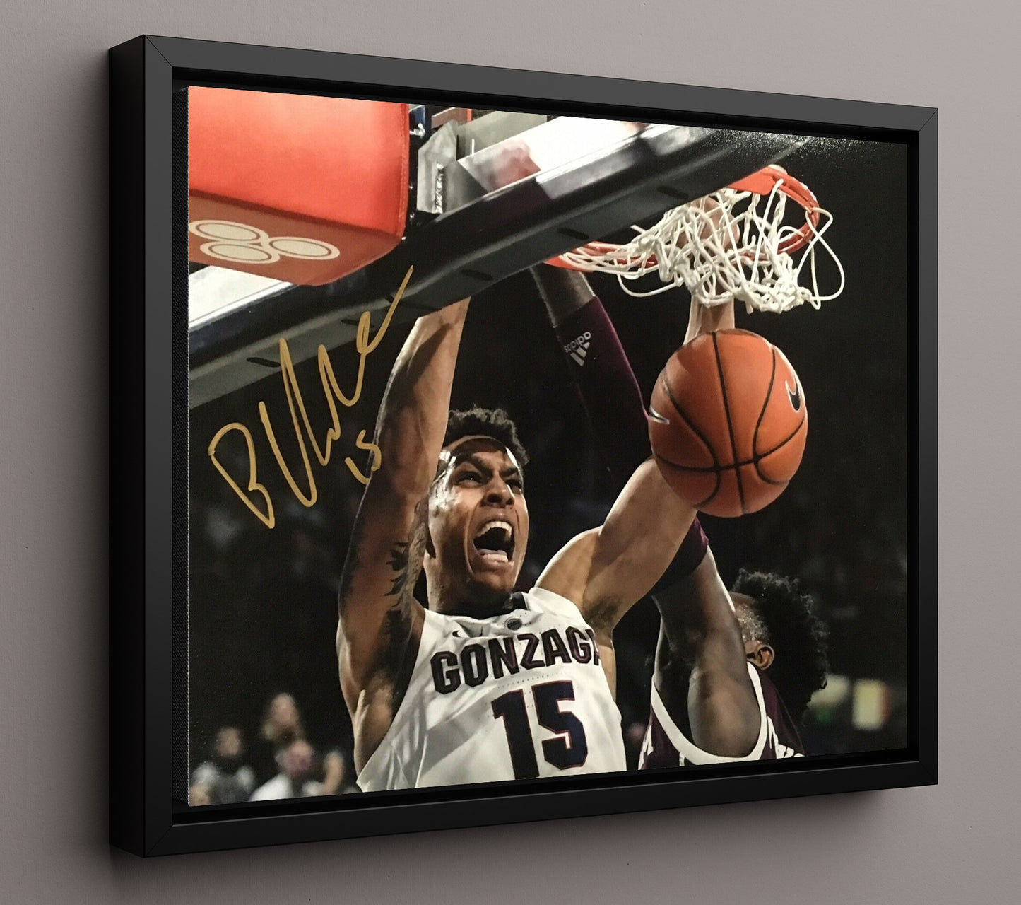 Gonzaga Basketball Brandon Clarke Two Hand Dunk Rim Finish College Basketball Wall Art 16x20 Framed Canvas college basketball wall art print