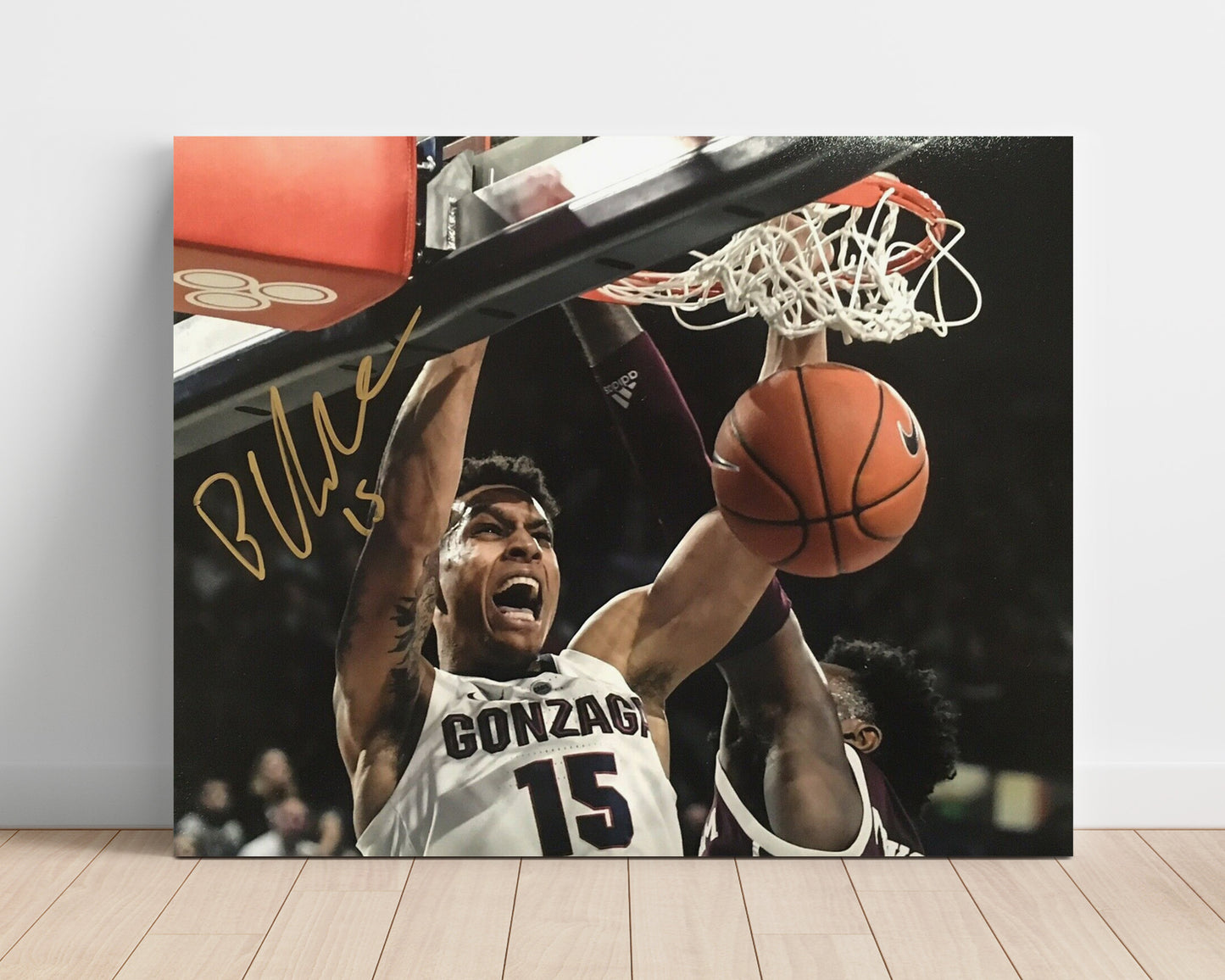 Gonzaga Basketball Brandon Clarke Two Hand Dunk Rim Finish College Basketball Wall Art 16x20 Unframed Print college basketball wall art print