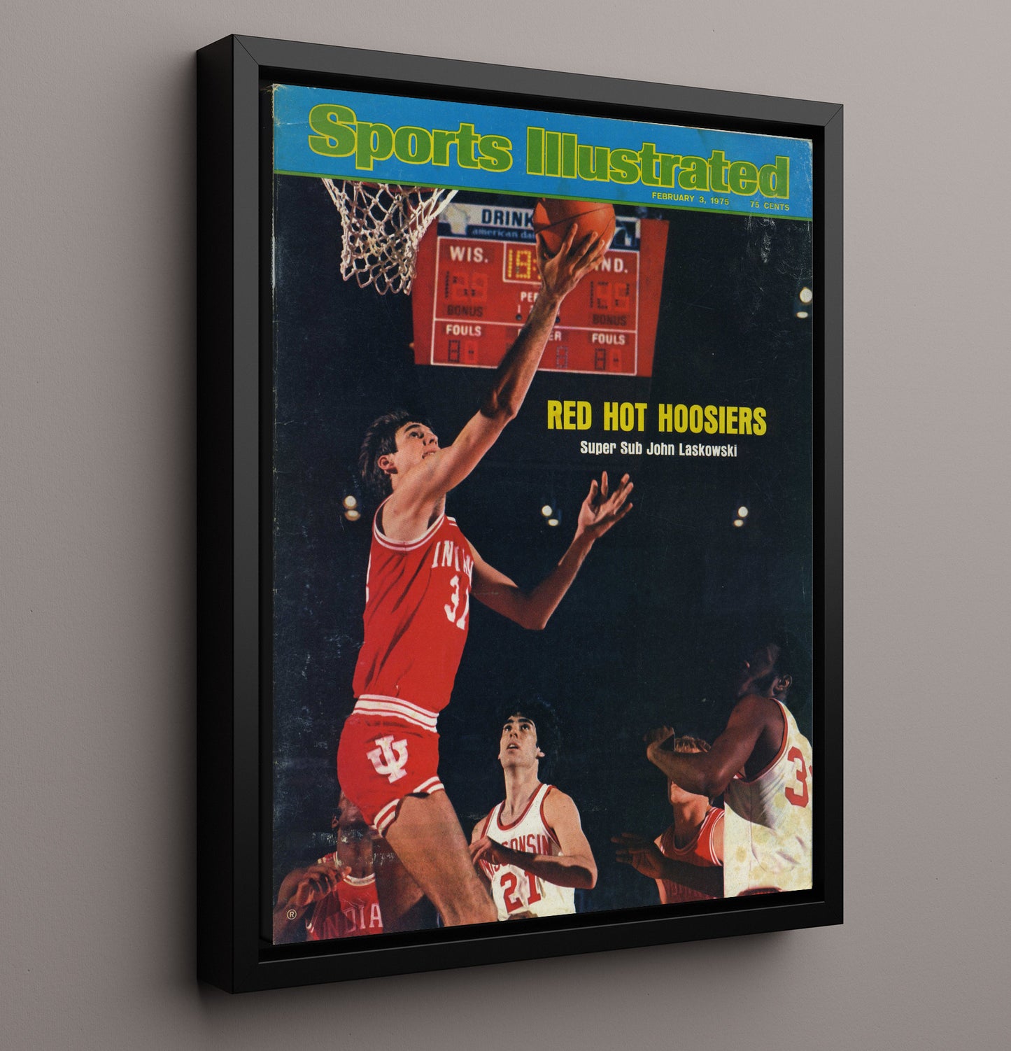 Indiana Basketball John Laskowski Red Hot Hoosiers Layup 1975 SI College Basketball Wall Art 16x20 Framed Canvas college basketball wall art print