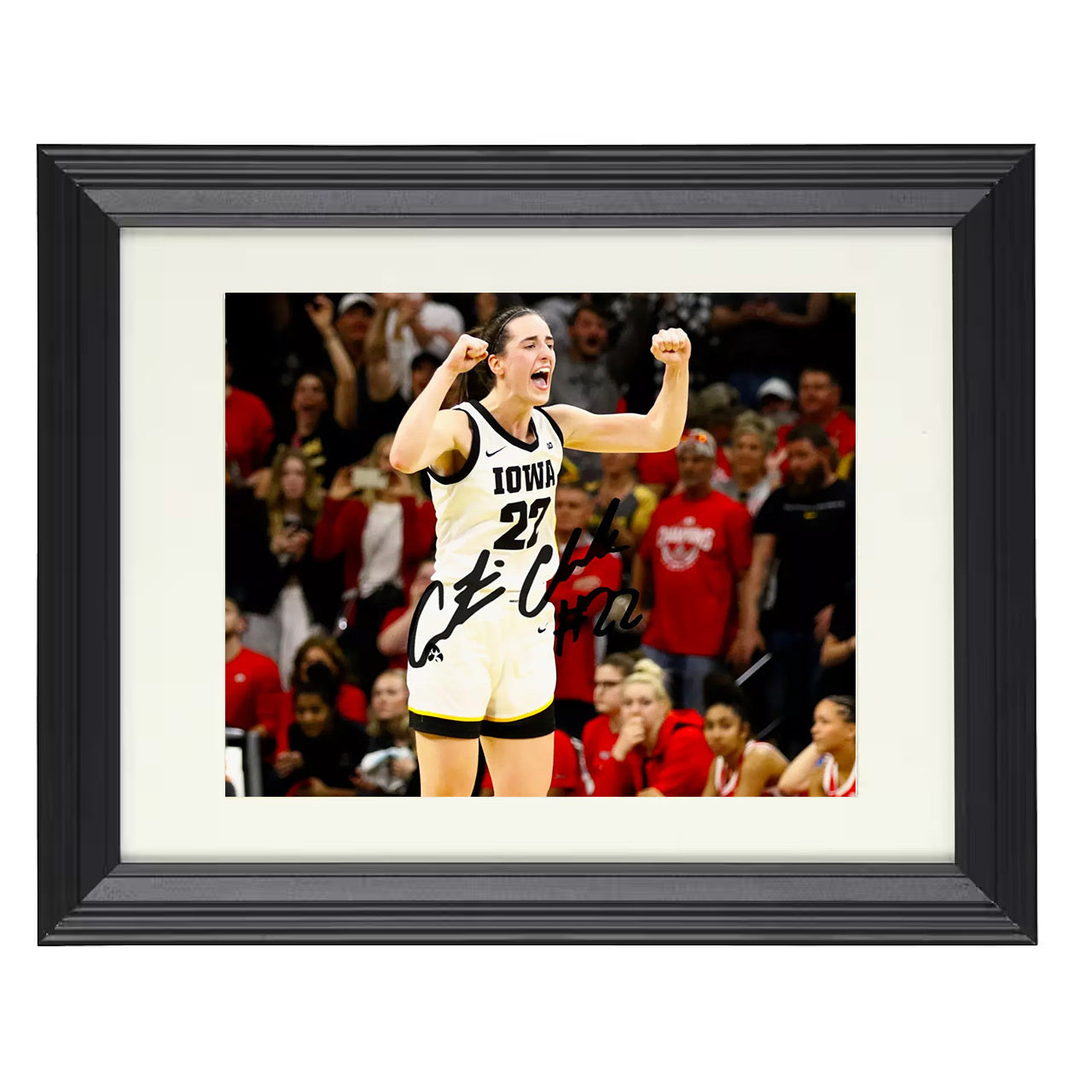 Iowa – Caitlin Clark Celebration Pose – 8x10 black beveled framed college basketball wall art