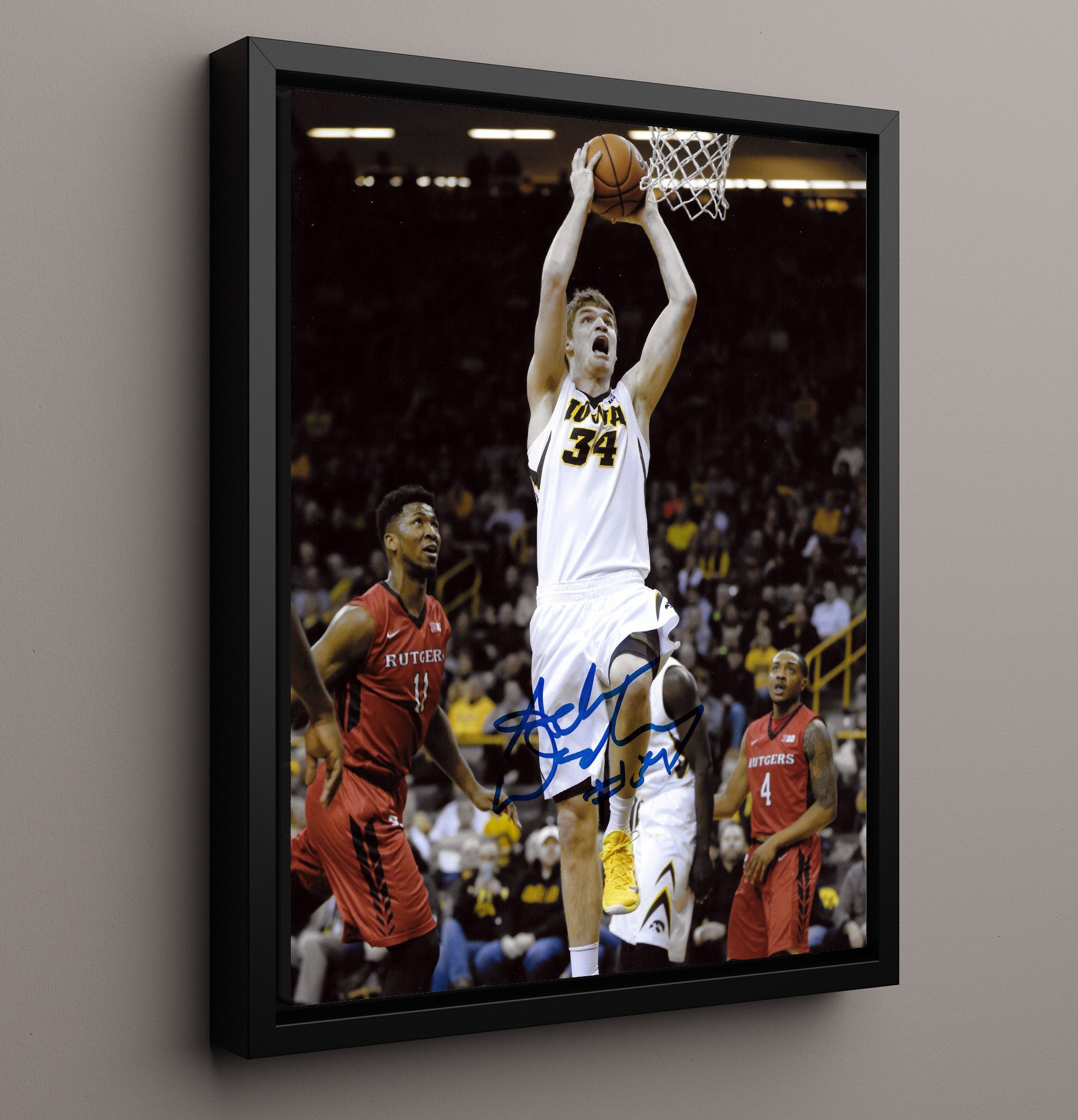 Iowa Basketball Woodbury Elevated Dunk Finish College Basketball Wall Art 16x20 Framed Canvas college basketball wall art print