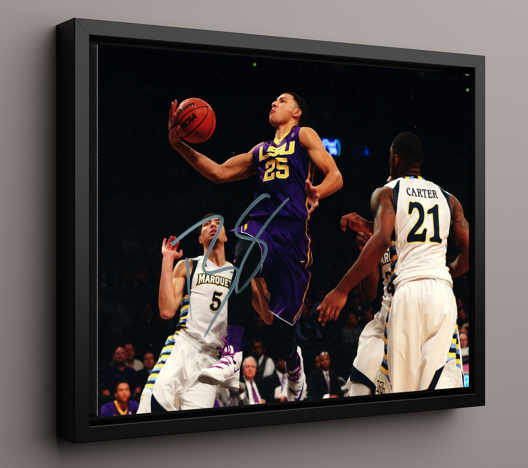 LSU Basketball Ben Simmons Driving Layup Motion College Basketball Wall Art 16x20 Framed Canvas college basketball wall art print