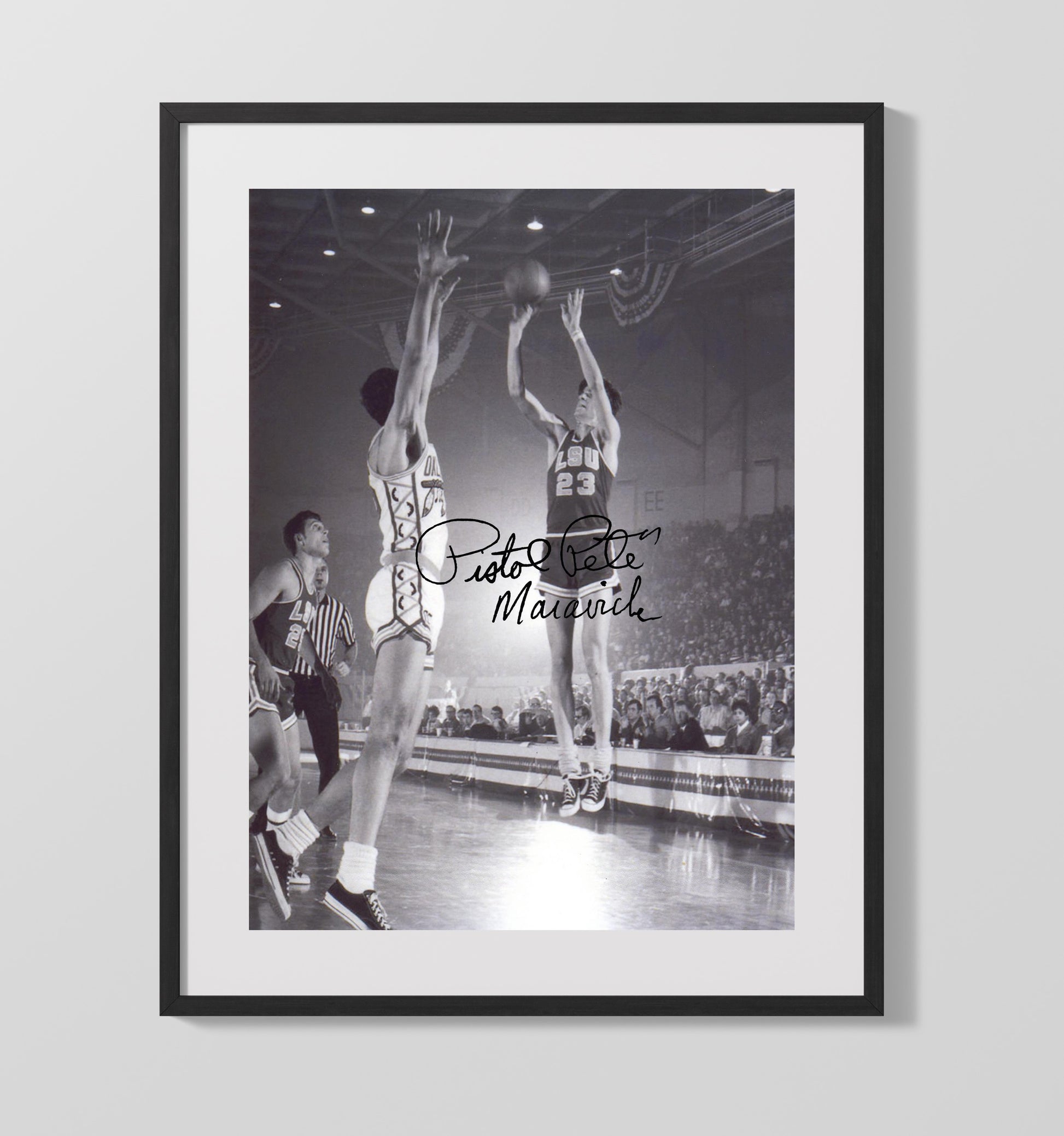 LSU Basketball Pete Maravich LSU Legend Jumper College Basketball Wall Art 16x20 Gallery Frame college basketball wall art print