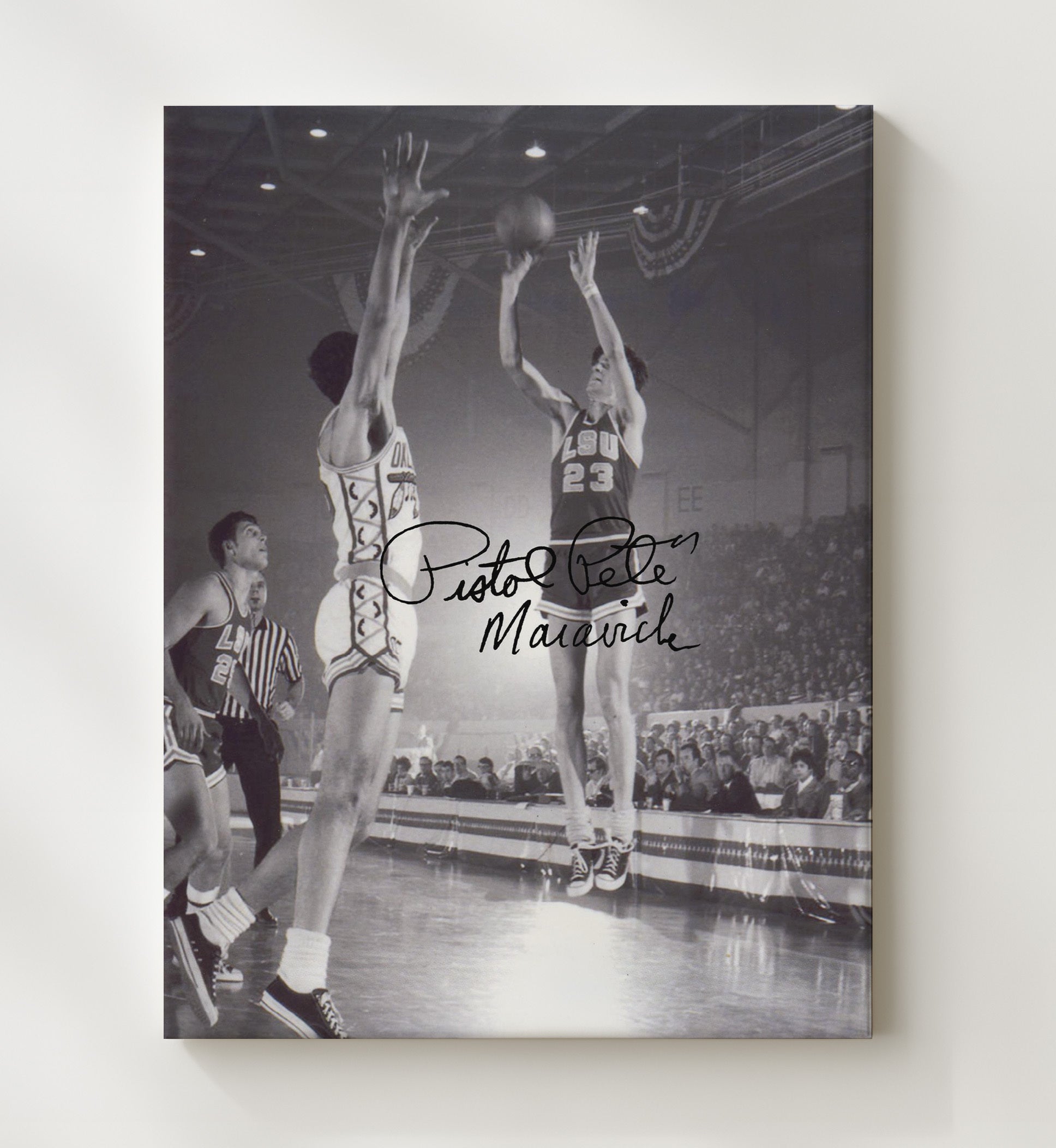 LSU Basketball Pete Maravich LSU Legend Jumper College Basketball Wall Art 20x24 Canvas college basketball wall art print