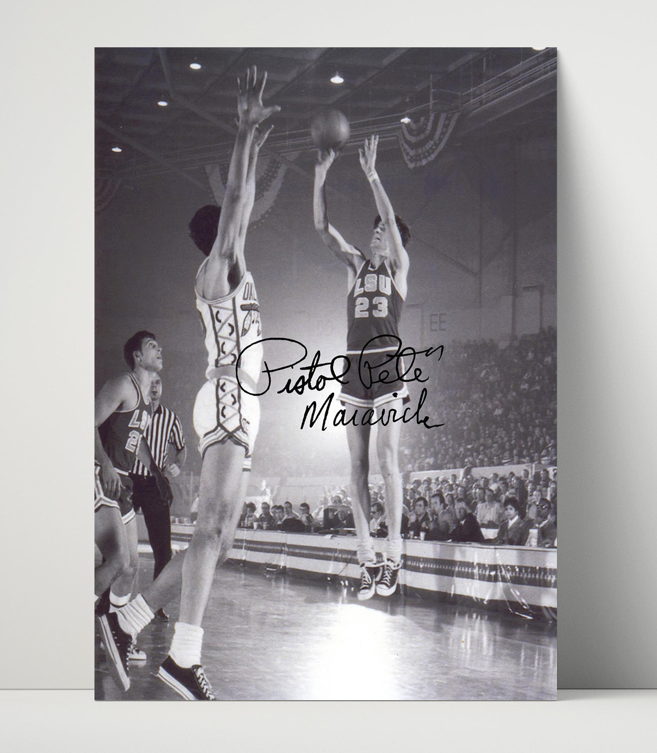 LSU Basketball Pete Maravich LSU Legend Jumper College Basketball Wall Art 16x20 Unframed Print college basketball wall art print