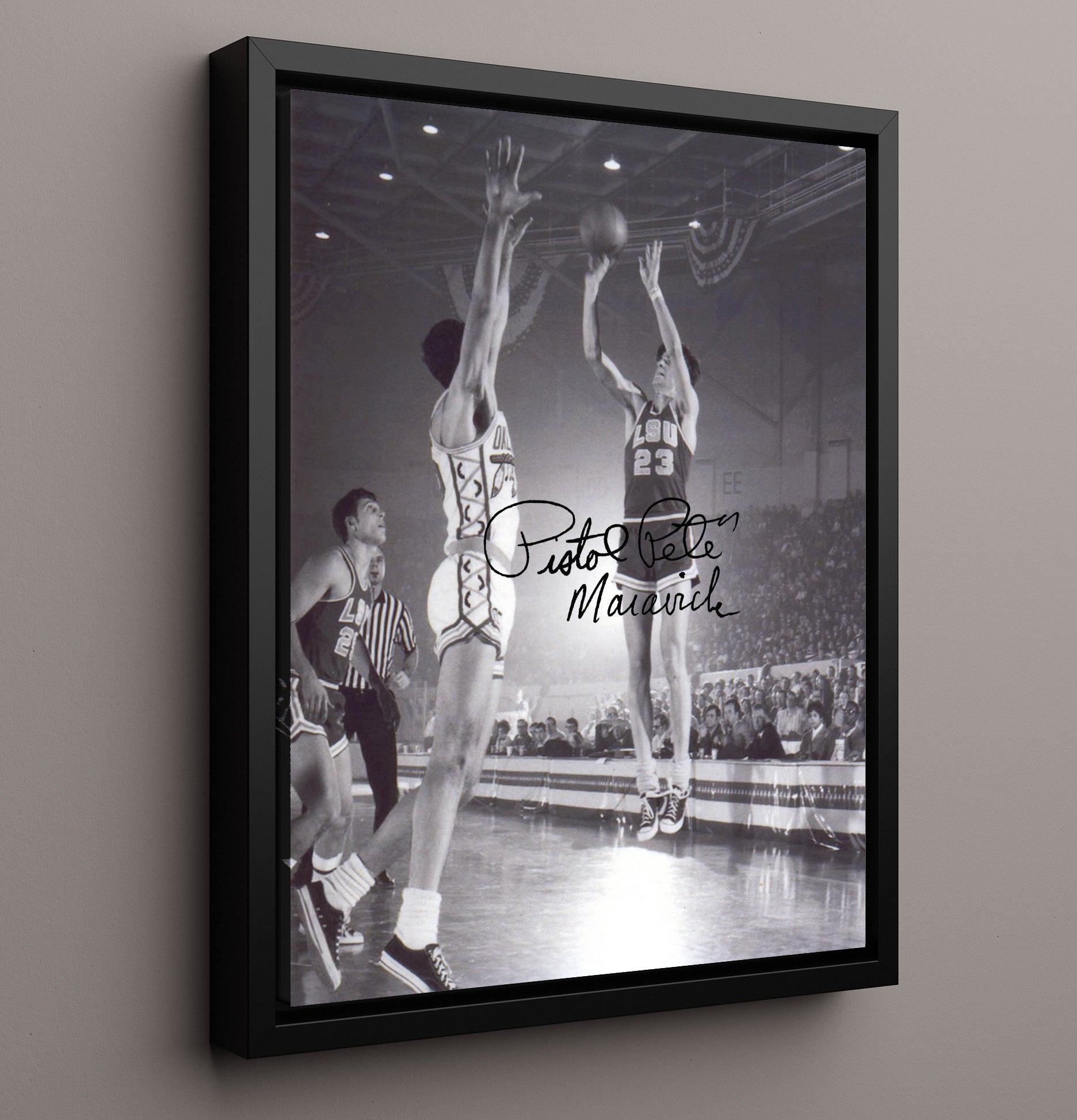 LSU Basketball Pete Maravich LSU Legend Jumper College Basketball Wall Art 16x20 Framed Canvas college basketball wall art print