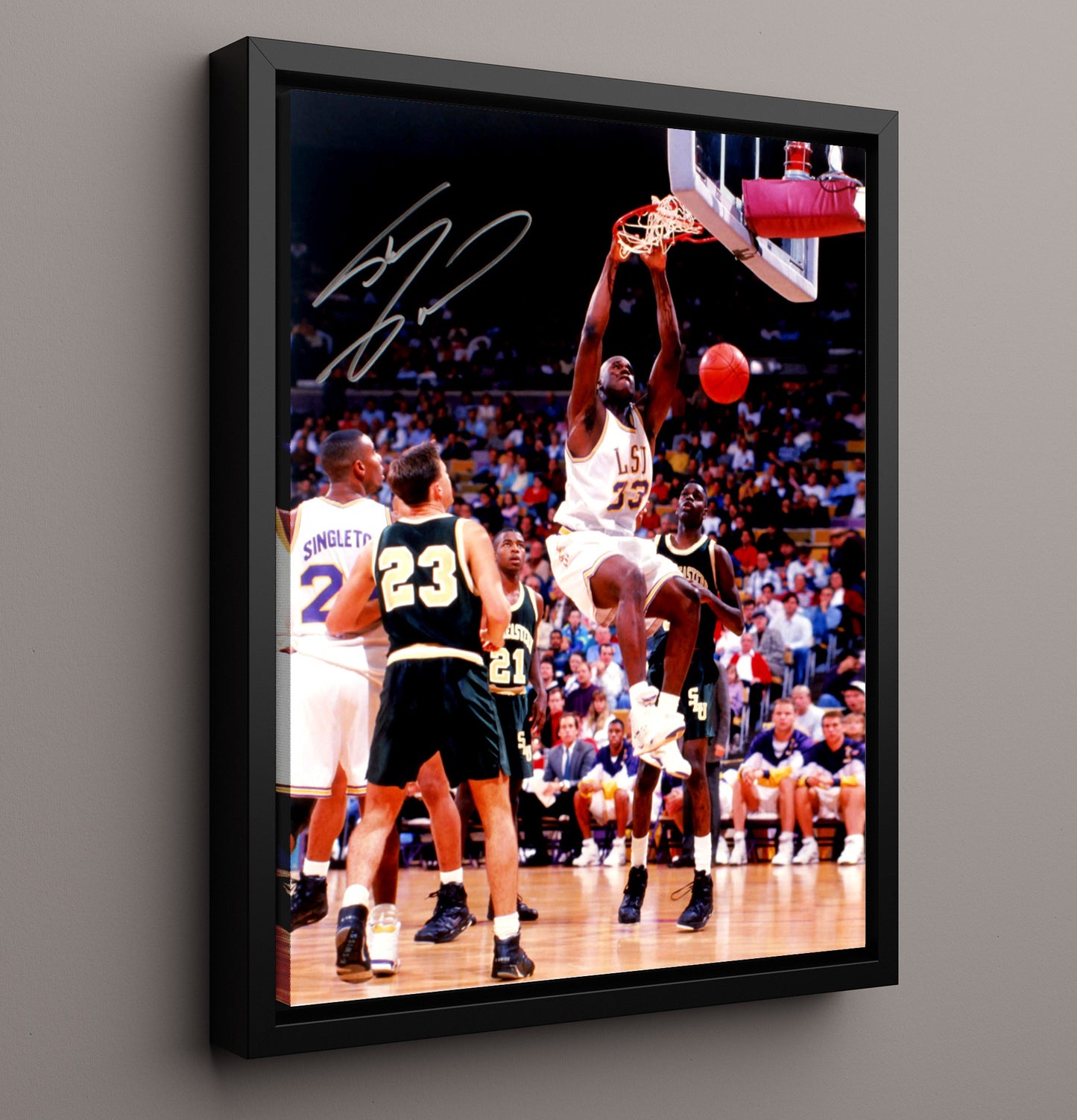 LSU Basketball Shaq LSU Legend Power Dunk College Basketball Wall Art 16x20 Framed Canvas college basketball wall art print