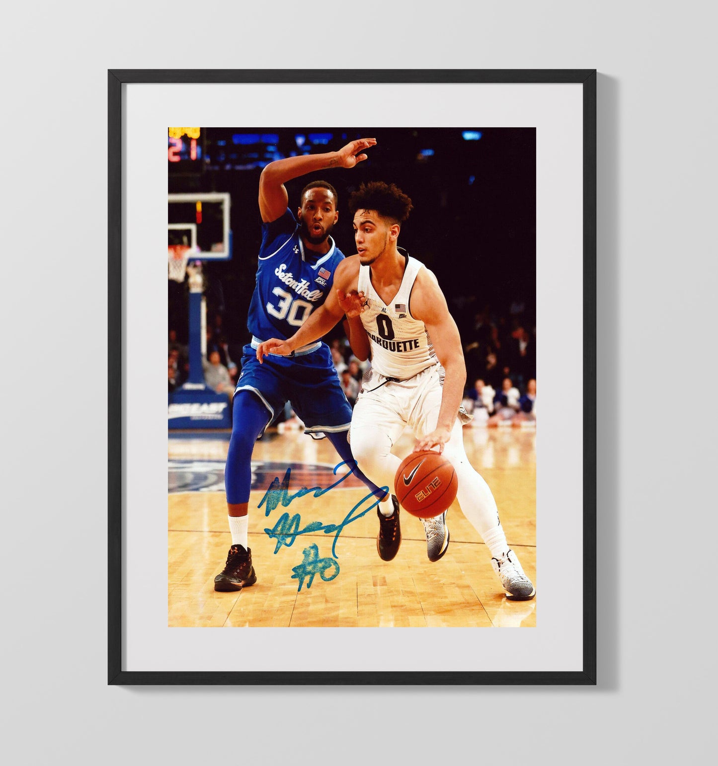 Marquette Basketball Markus Howard Explosive Drive College Basketball Wall Art 16x20 Gallery Frame college basketball wall art print