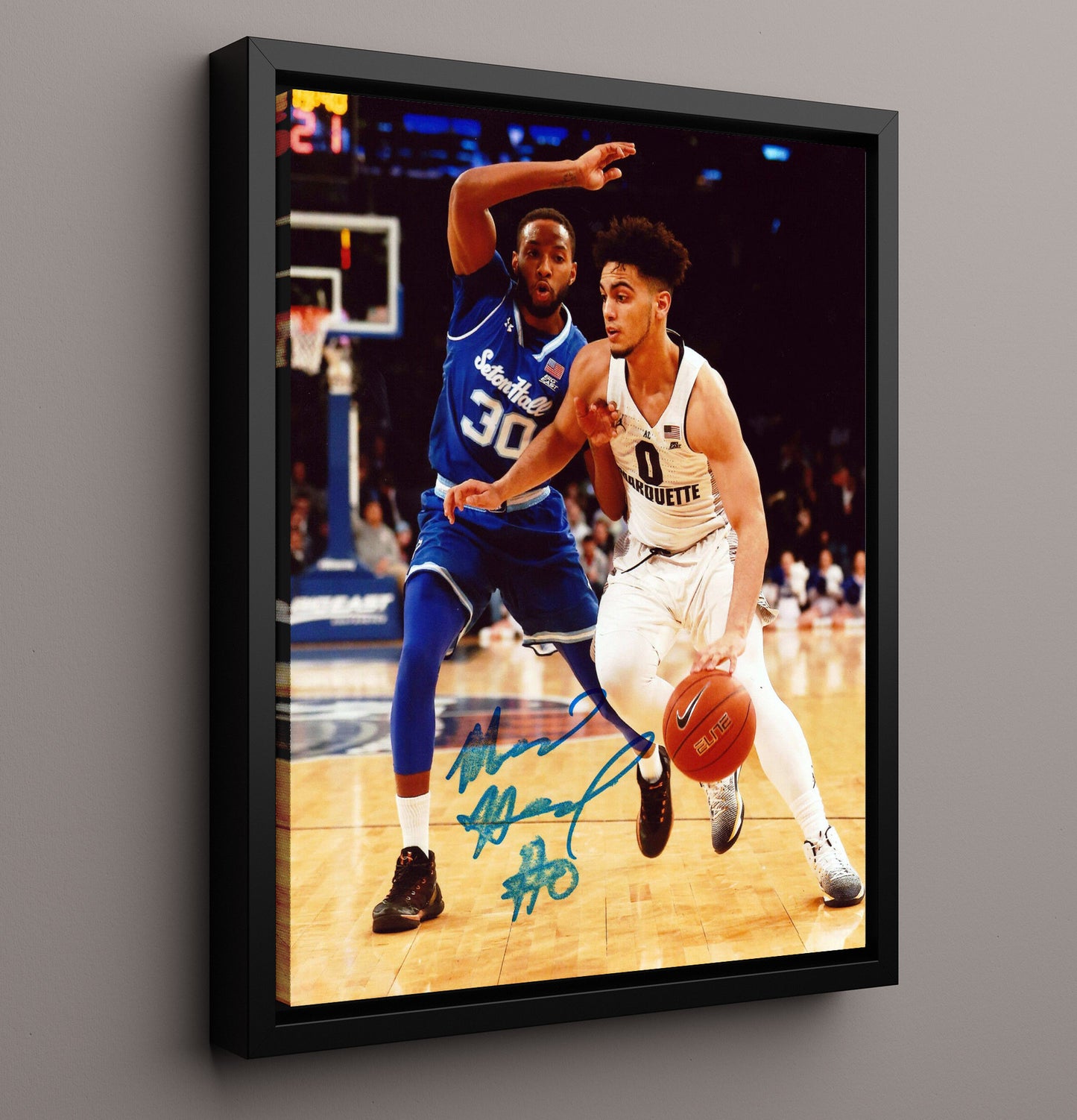 Marquette Basketball Markus Howard Explosive Drive College Basketball Wall Art 16x20 Framed Canvas college basketball wall art print