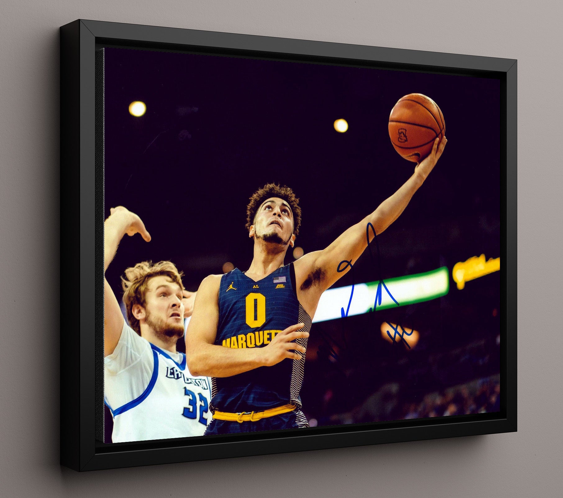 Marquette Basketball Markus Howard Layup Extension Finish College Basketball Wall Art 16x20 Framed Canvas college basketball wall art print