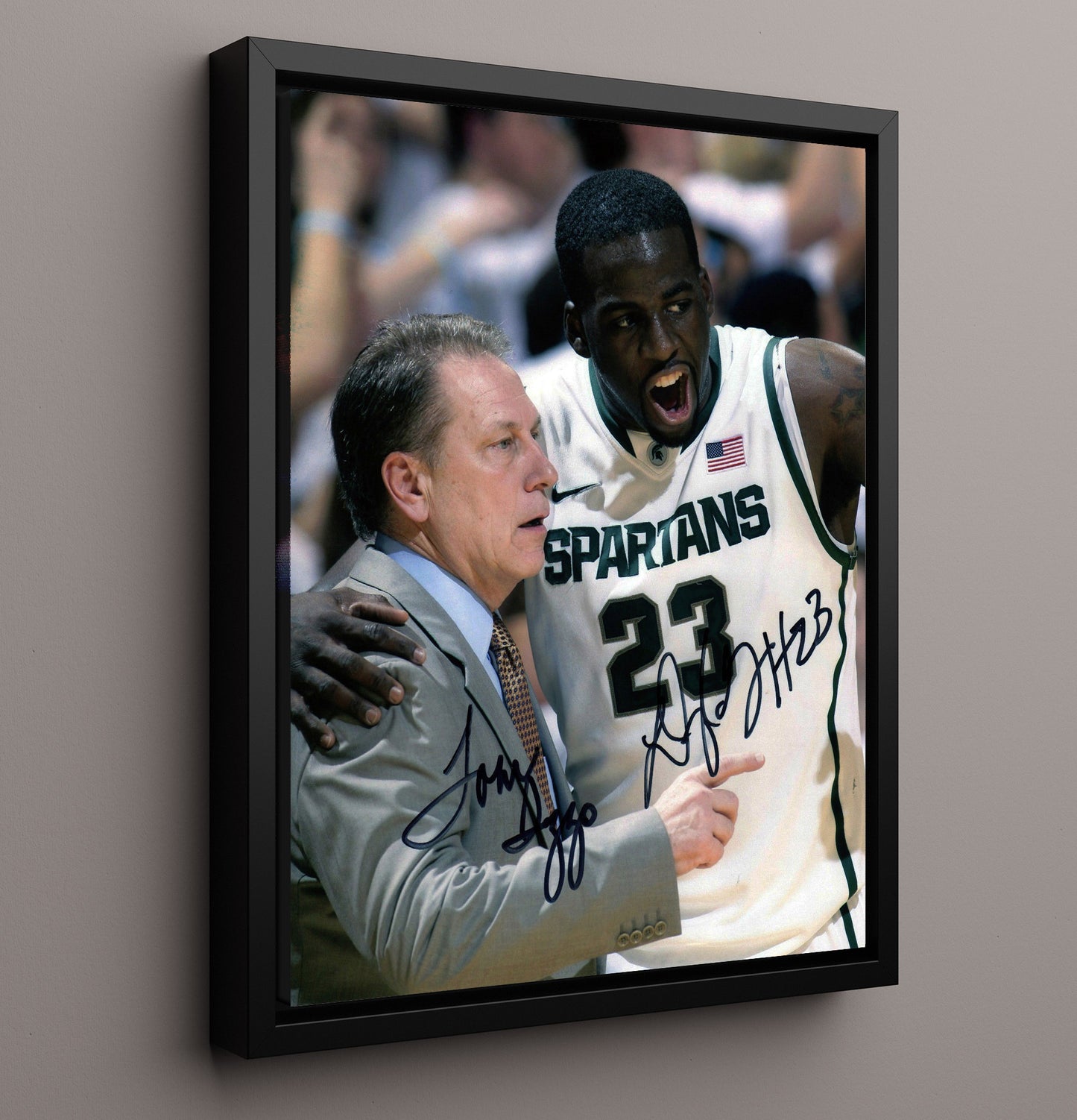 Michigan State Tom Izzo and Draymond Green Sideline Leadership College Basketball Wall Art 16x20 Framed Canvas college basketball wall art print