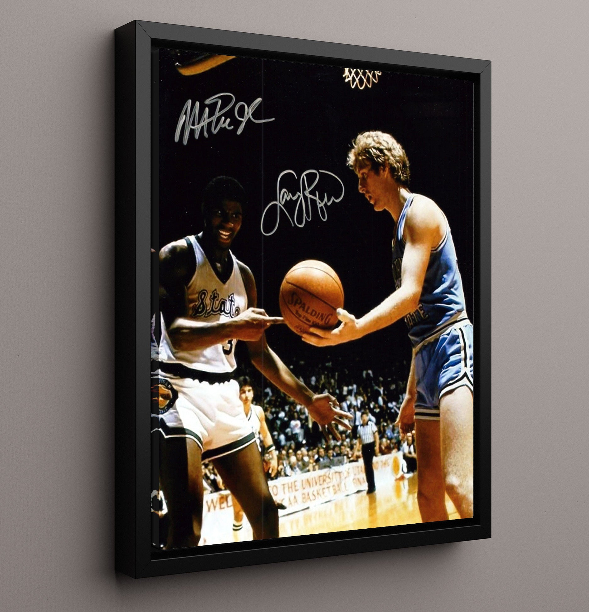 NCAA Basketball Larry Bird and Magic Johnson Championship Duel College Basketball Wall Art 16x20 Framed Canvas college basketball wall art print