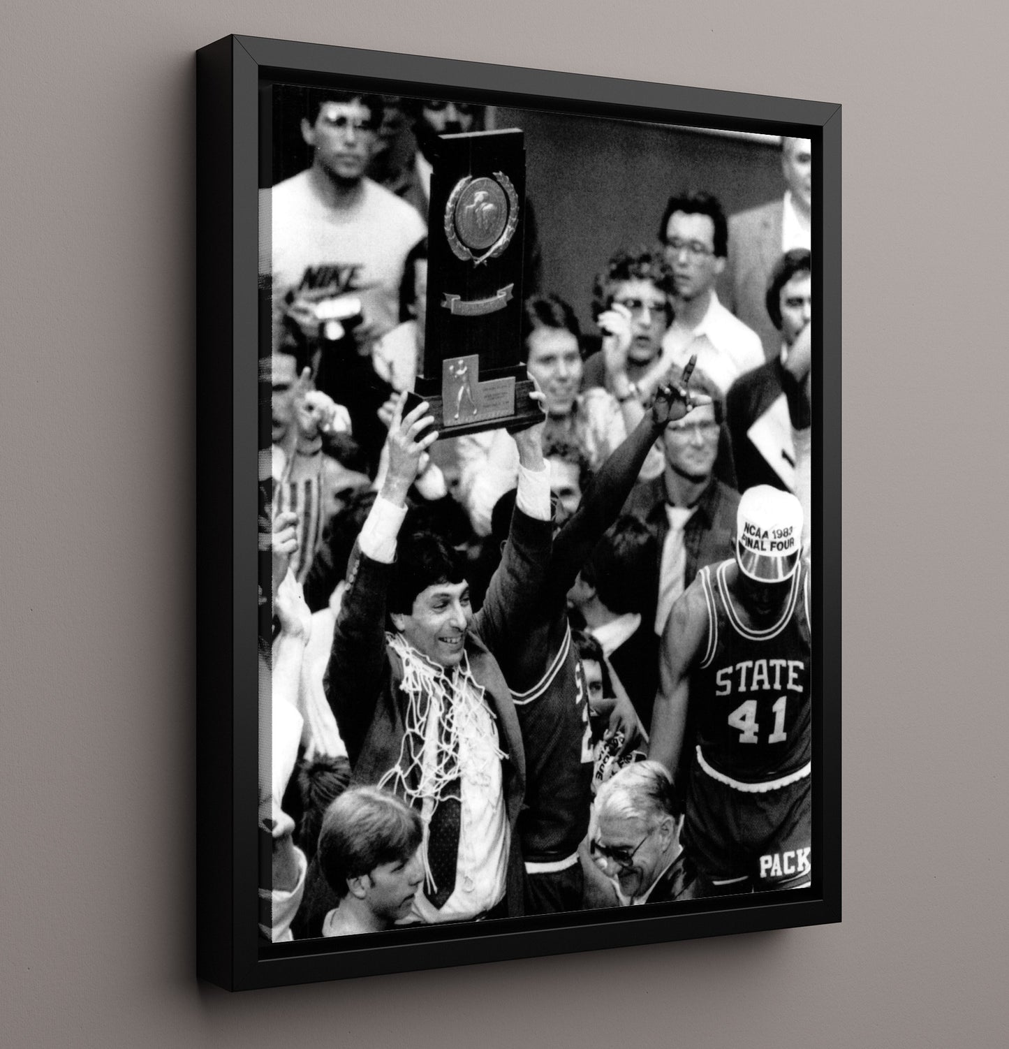 NC State Jim Valvano 1983 a championship celebration College Basketball Wall Art 16x20 Framed Canvas college basketball wall art print