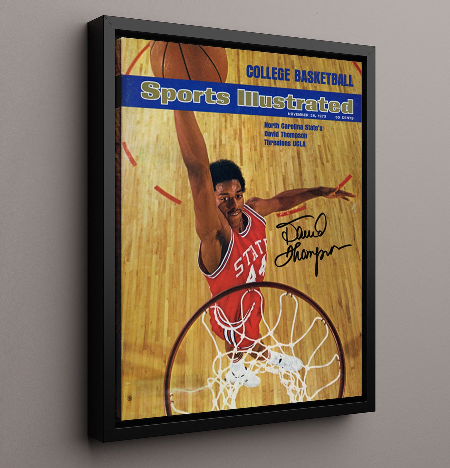 NC State Basketball David Thompson Above the Rim SI Cover 1973 College Basketball Wall Art 16x20 Framed Canvas college basketball wall art print