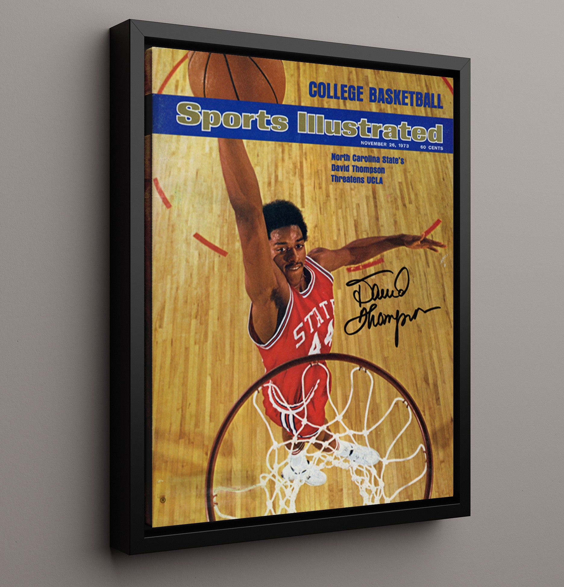 NC State Basketball David Thompson Above the Rim SI Cover 1973 College Basketball Wall Art 16x20 Framed Canvas college basketball wall art print