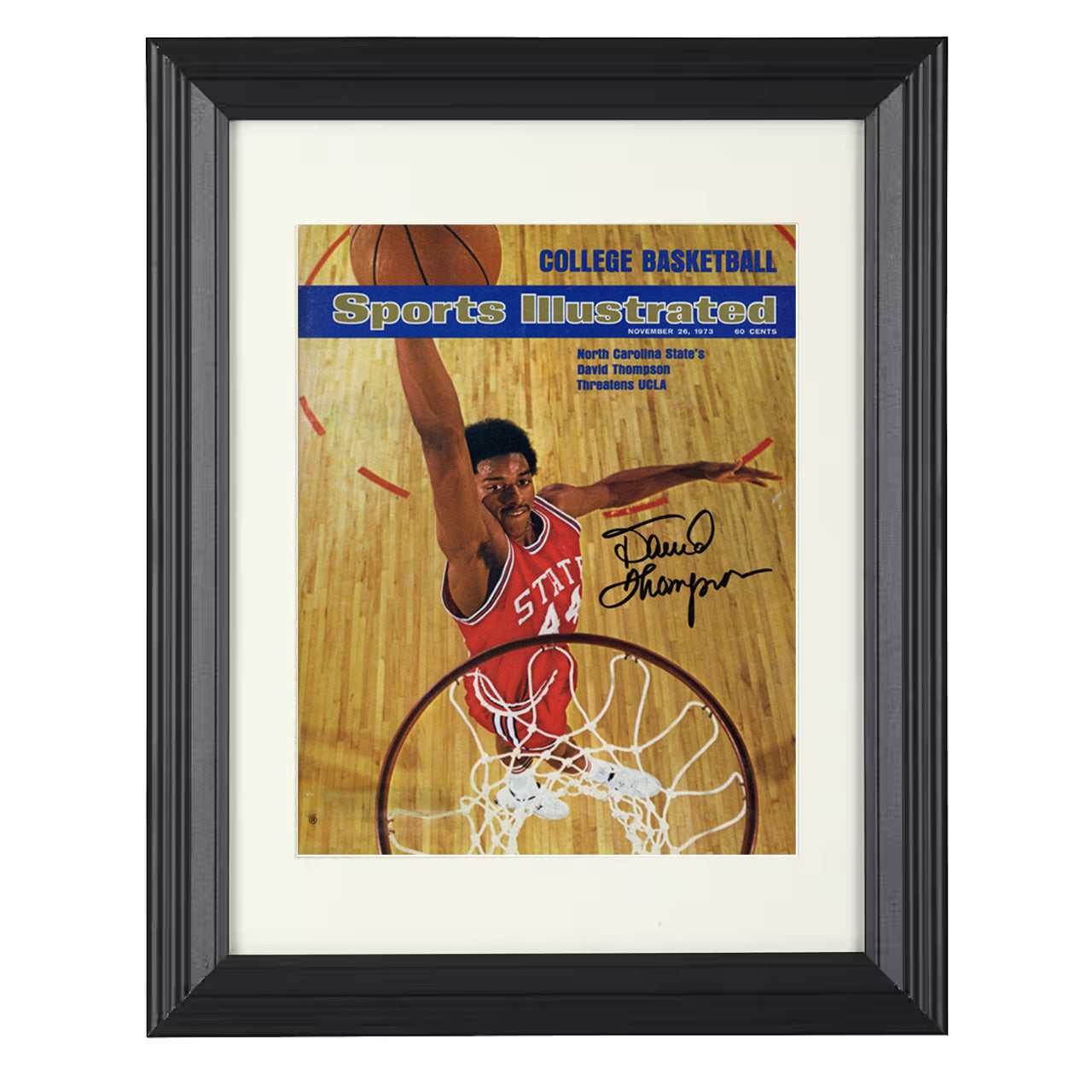 NC State – David Thompson Above the Rim 1973 SI – 8x10 black beveled framed college basketball wall art