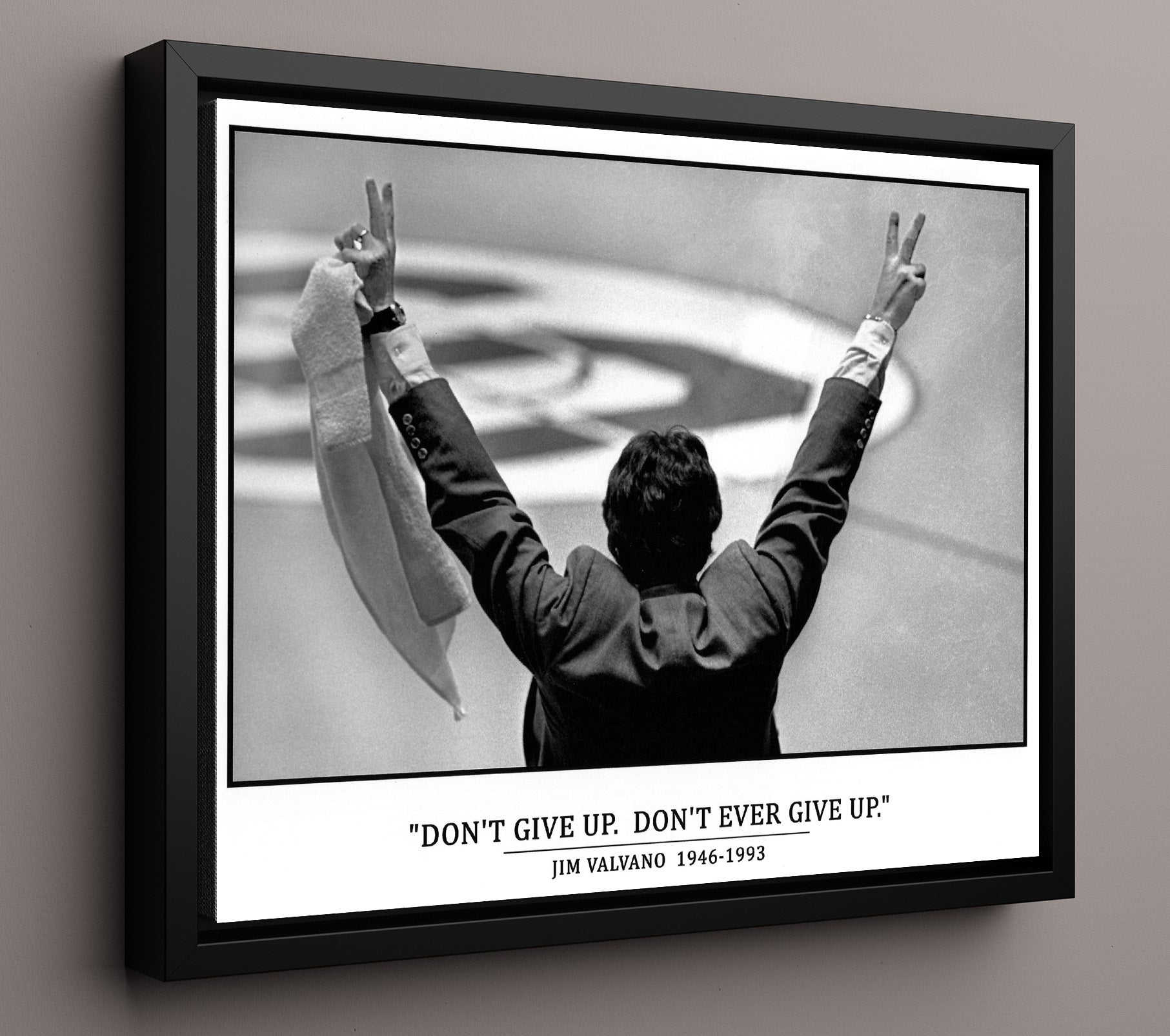 NC State Basketball Jim Valvano Dont Ever Give Up Celebration College Basketball Wall Art 16x20 Framed Canvas college basketball wall art print