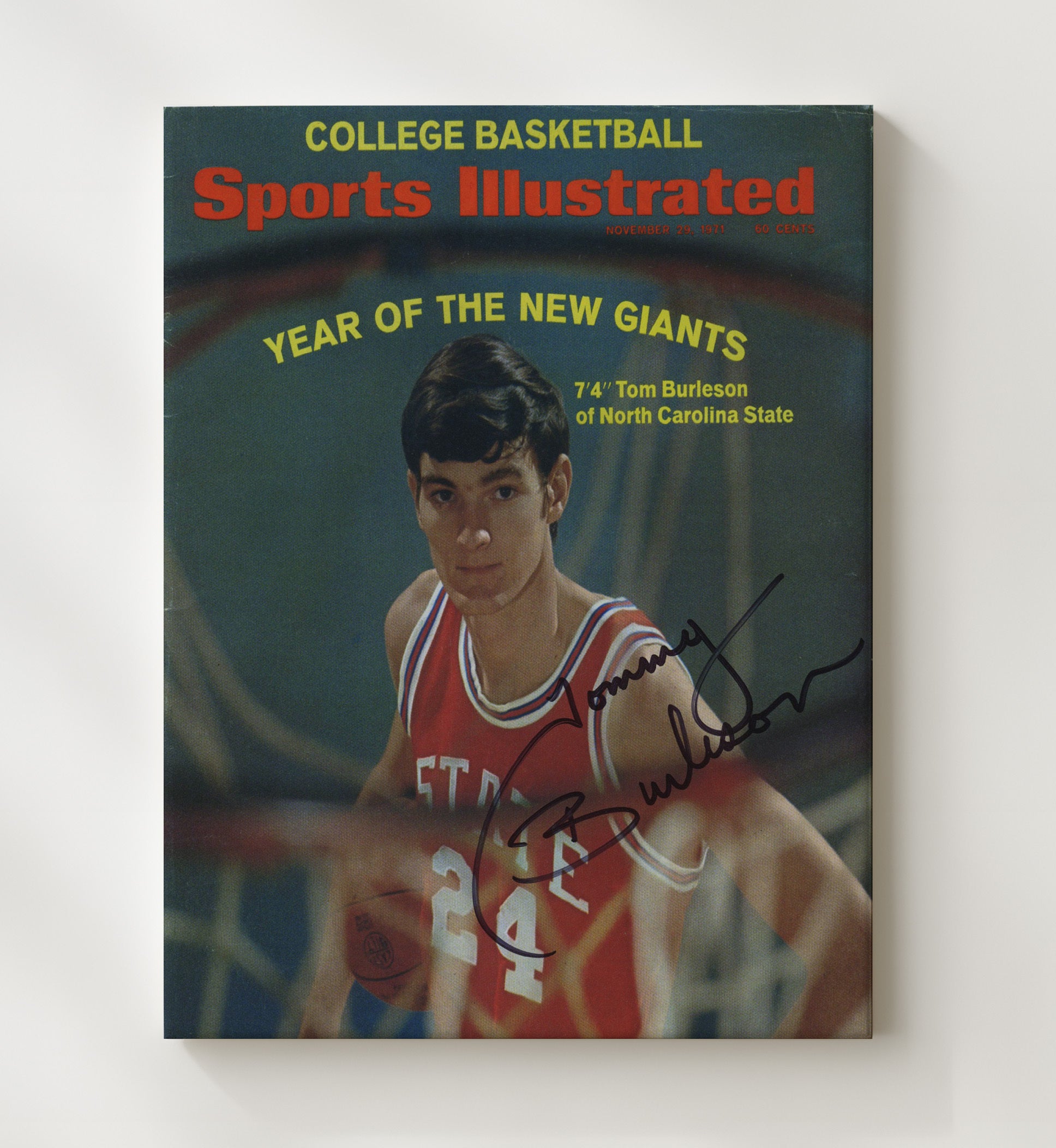 NC State Basketball Tom Burleson Towering Presence 1971 SI Cover College Basketball Wall Art 20x24 Canvas college basketball wall art print