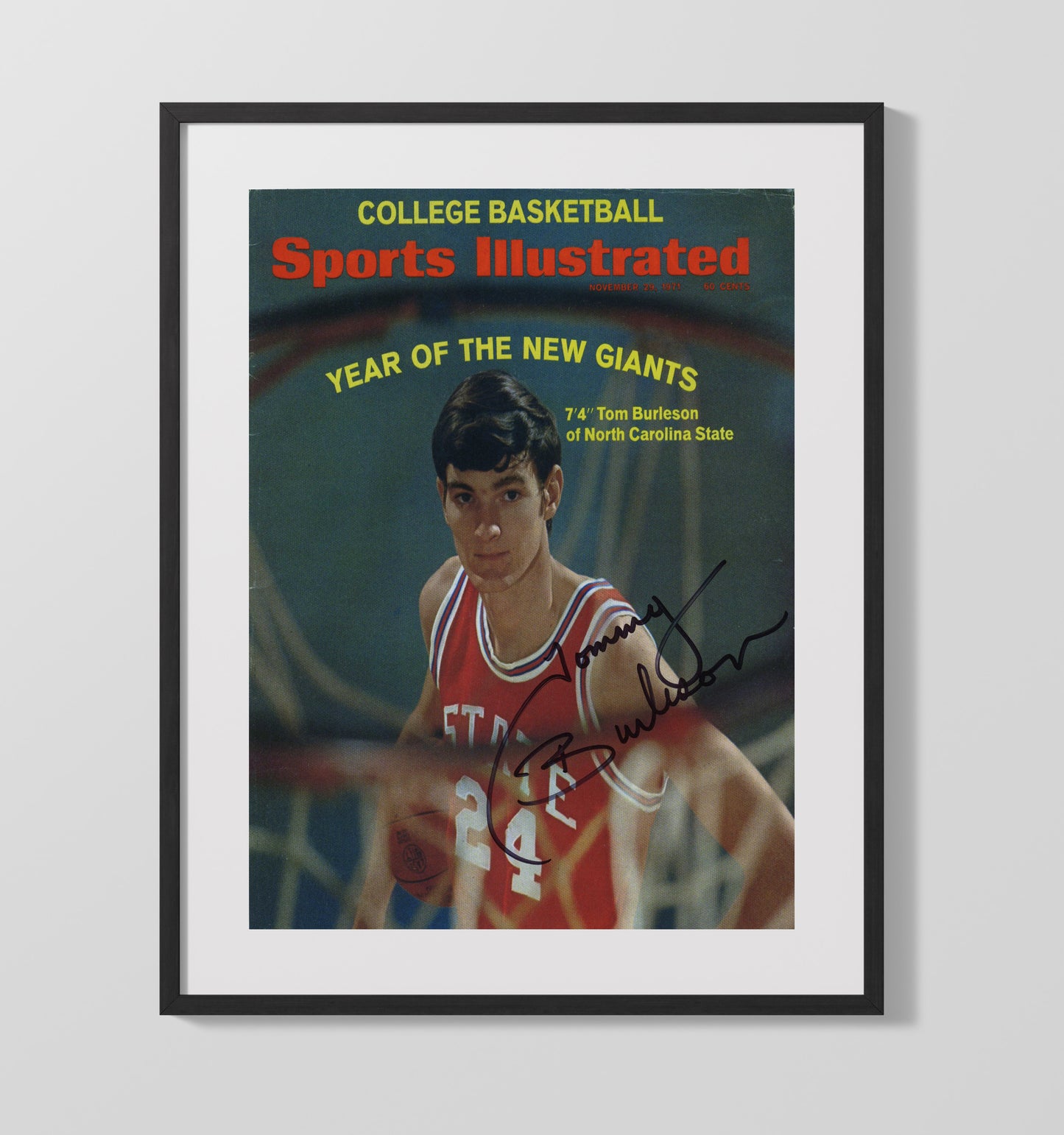 NC State Basketball Tom Burleson Towering Presence 1971 SI Cover College Basketball Wall Art 16x20 Gallery Frame college basketball wall art print