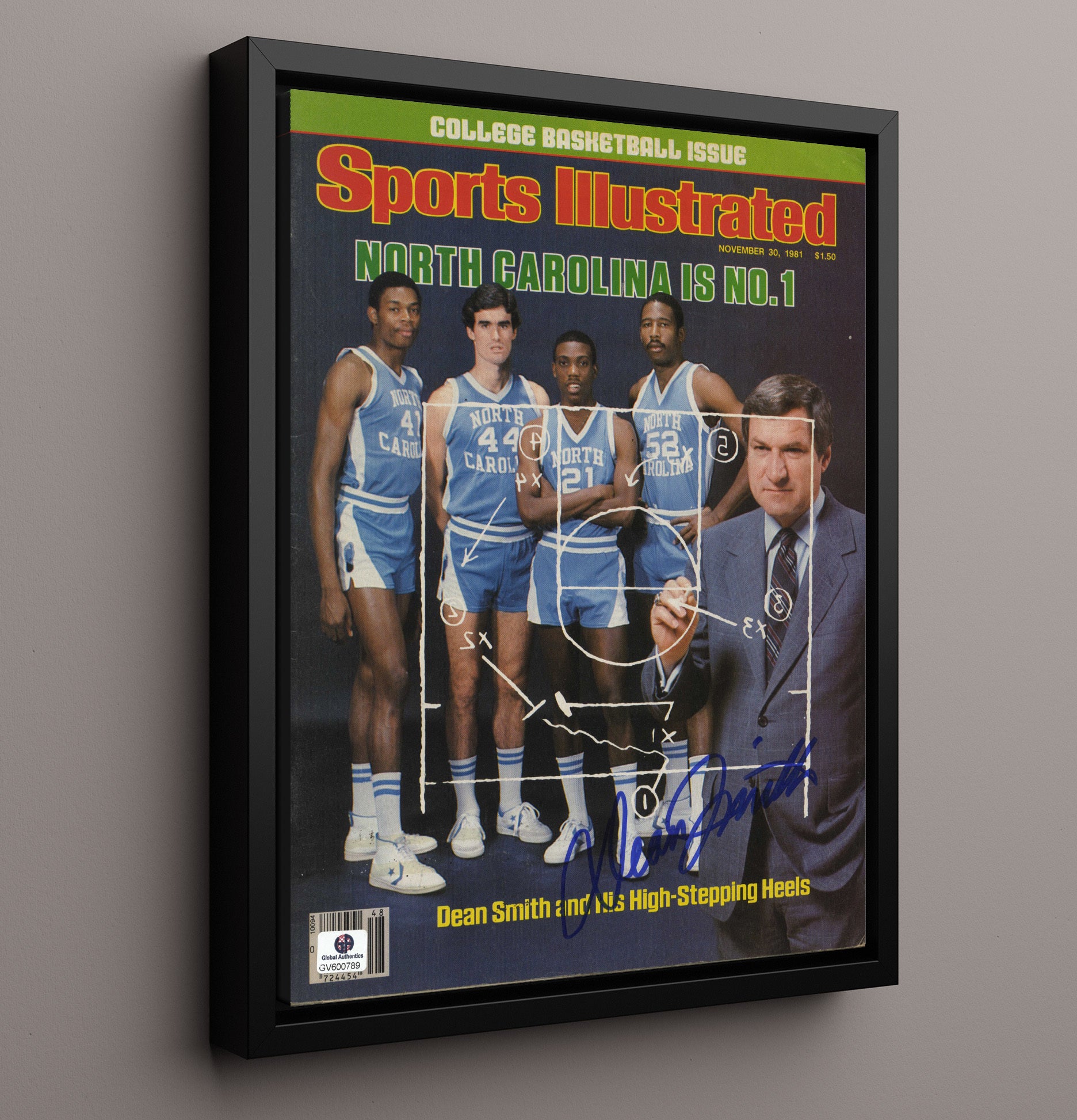 North Carolina Basketball Dean Smith Sideline Strategy No 1 Ranking Team 1981 SI College Basketball Wall Art 16x20 Framed Canvas college basketball wall art print