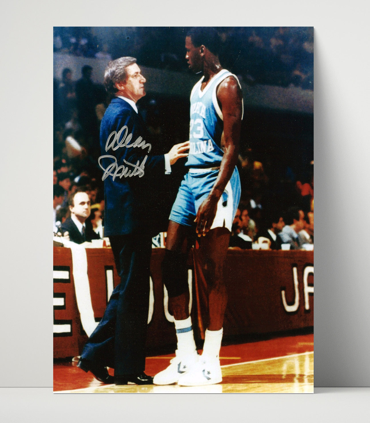 North Carolina Basketball Dean Smith and Michael Jordan Courtside Guidance College Basketball Wall Art 16x20 Unframed Print college basketball wall art print