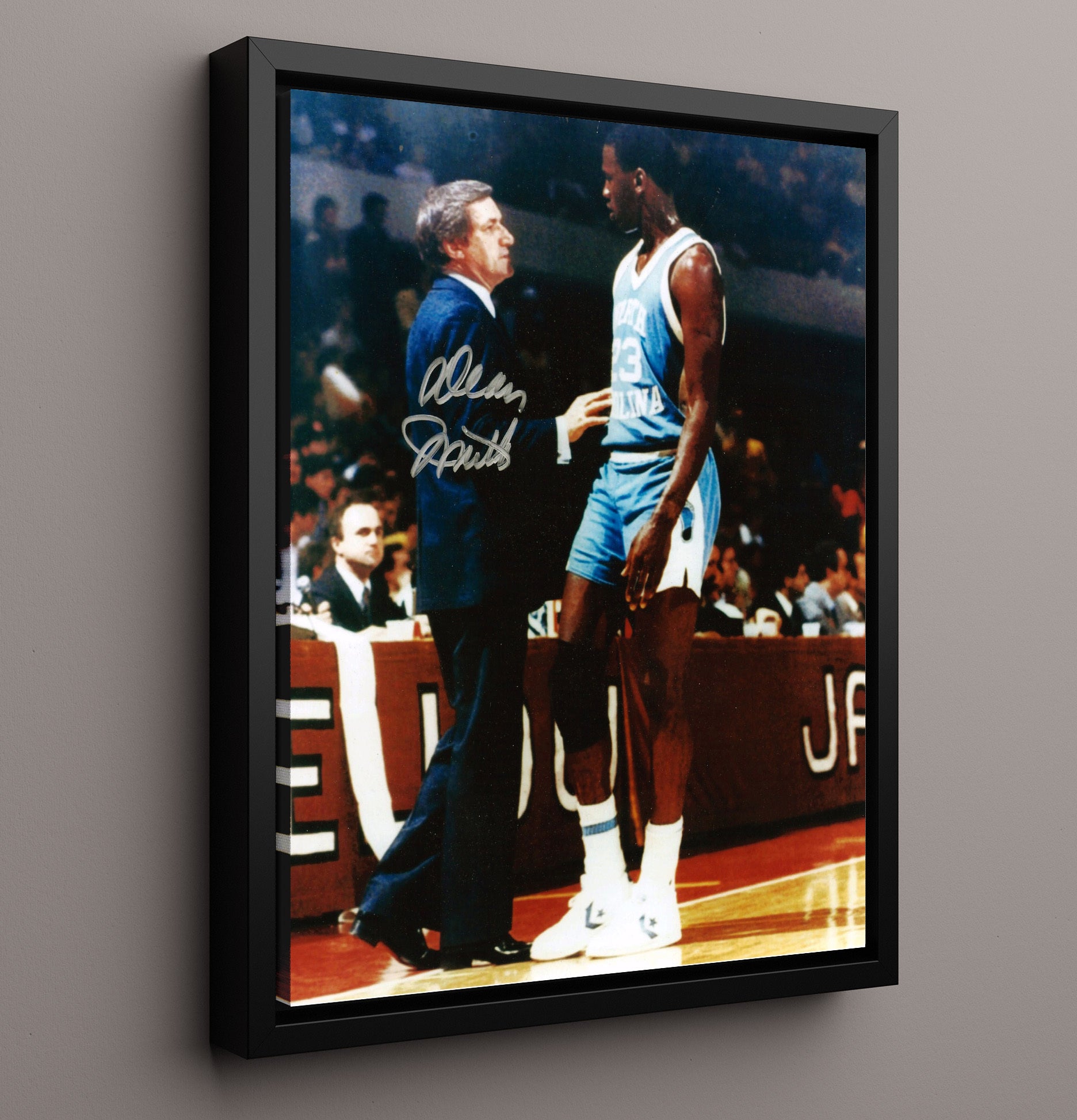 North Carolina Basketball Dean Smith and Michael Jordan Courtside Guidance College Basketball Wall Art 16x20 Framed Canvas college basketball wall art print
