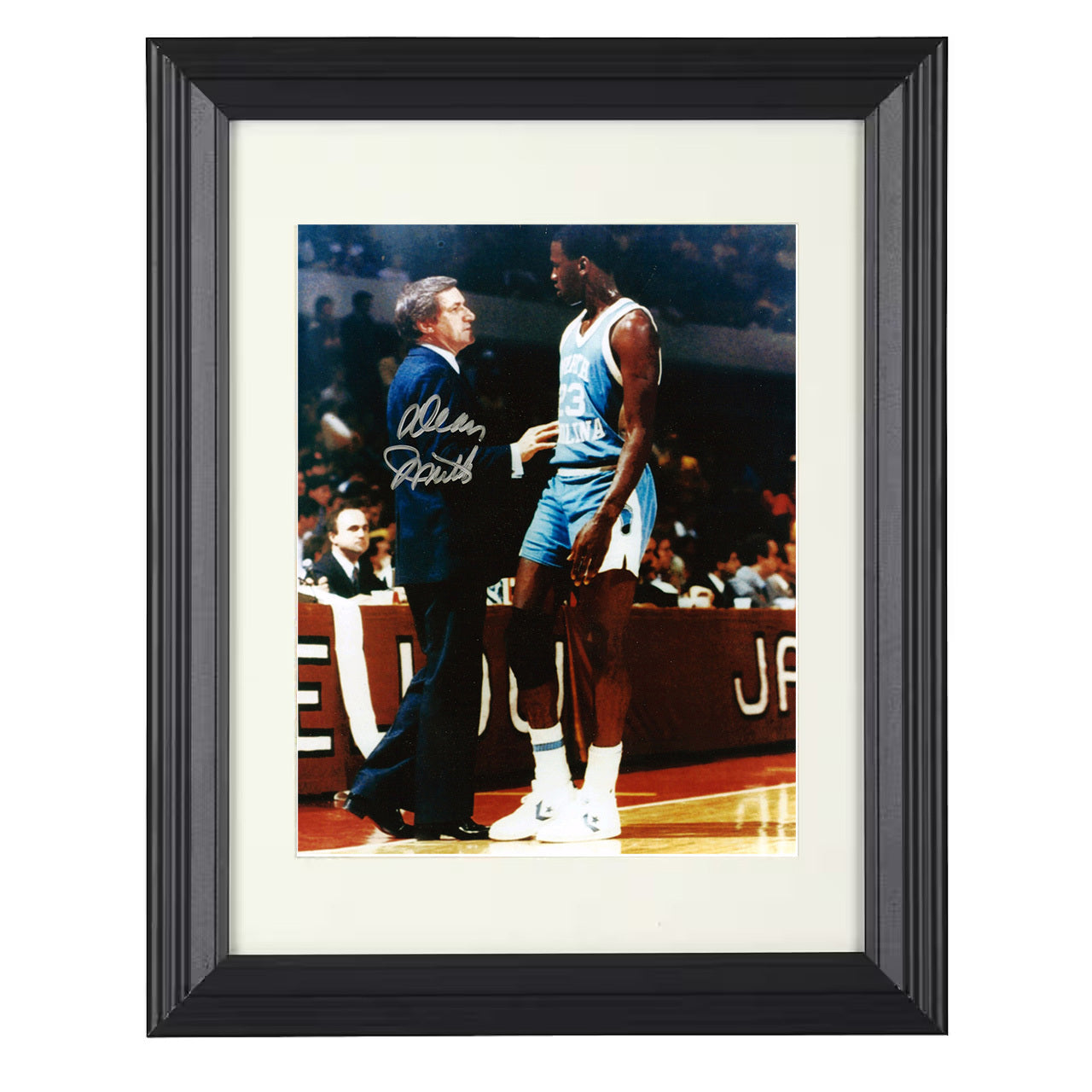 North Carolina – Dean Smith and Michael Jordan Courtside – 8x10 black beveled framed college basketball wall art