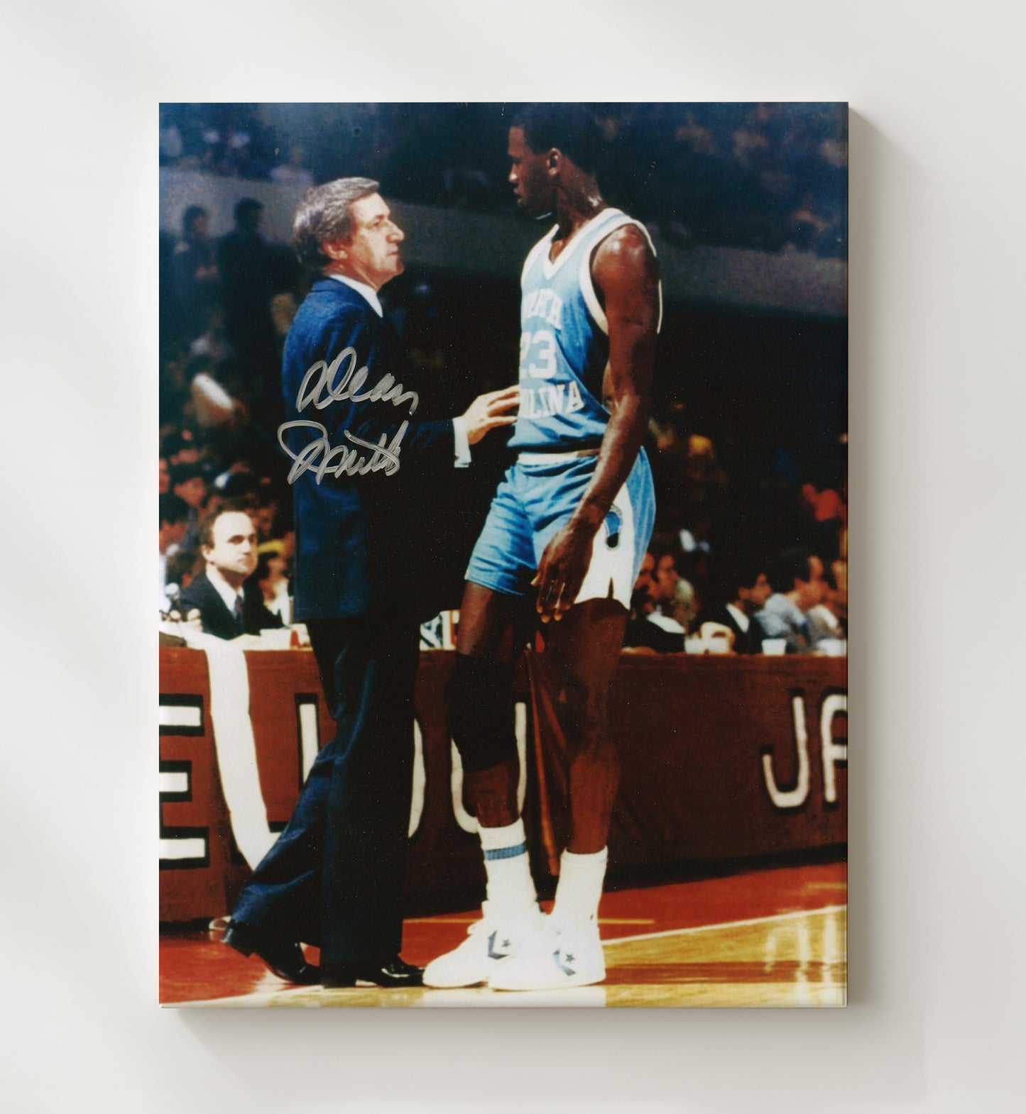 North Carolina Basketball Dean Smith and Michael Jordan Courtside Guidance College Basketball Wall Art 20x24 Canvas college basketball wall art print