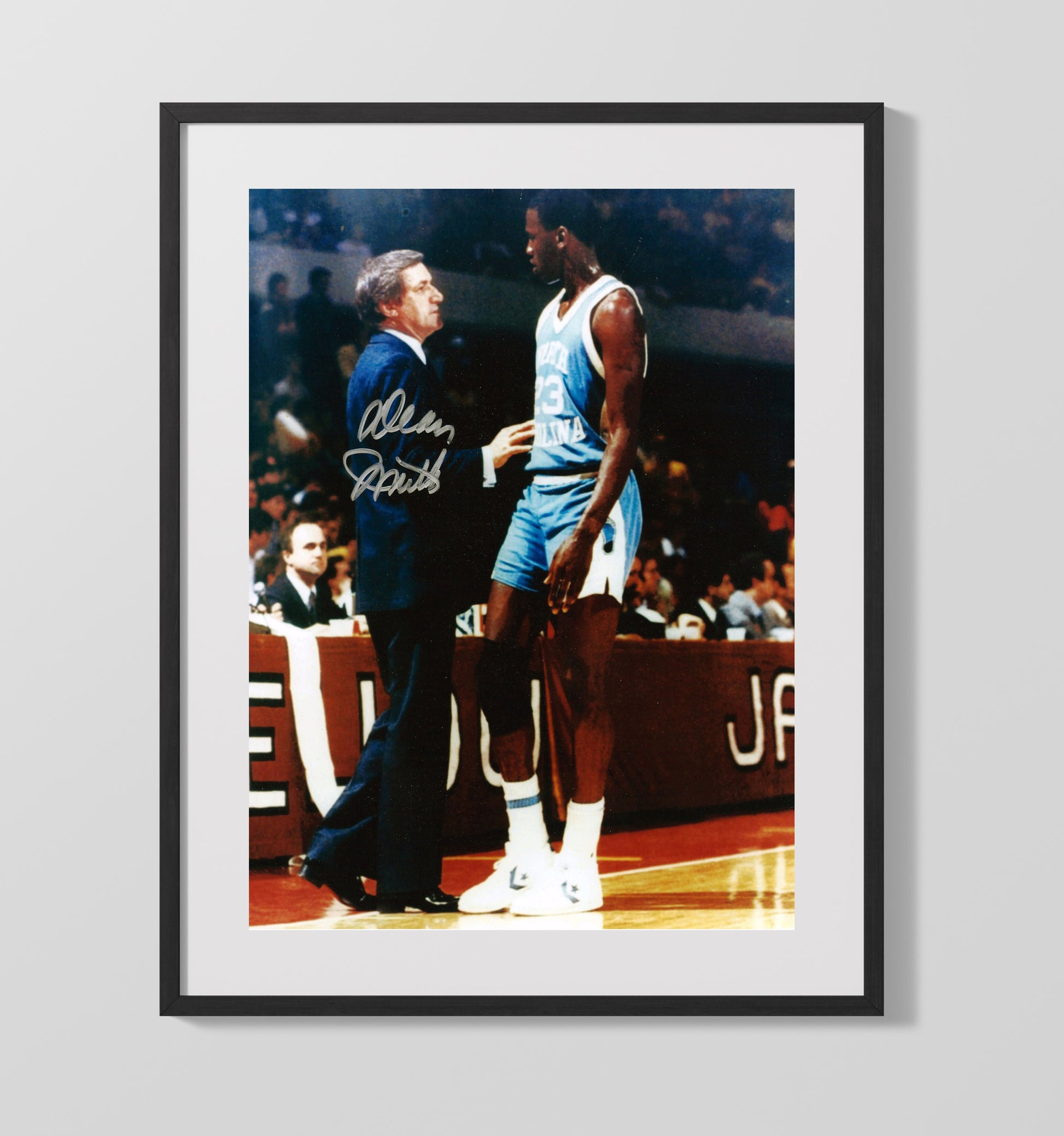 North Carolina Basketball Dean Smith and Michael Jordan Courtside Guidance College Basketball Wall Art 16x20 Gallery Frame college basketball wall art print