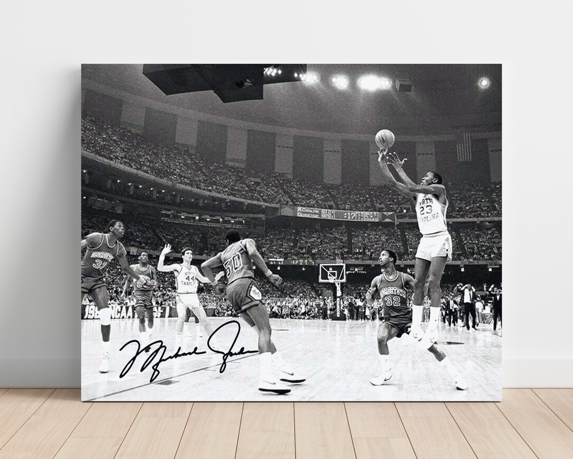 North Carolina Basketball Jordan Clutch Jumper Arena Spotlight College Basketball Wall Art 16x20 Unframed Print college basketball wall art print