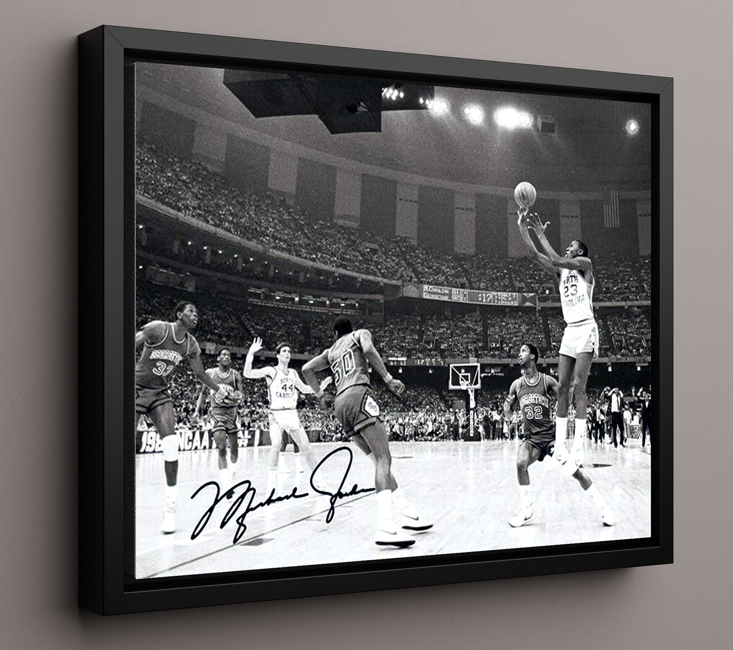 North Carolina Basketball Jordan Clutch Jumper Arena Spotlight College Basketball Wall Art 16x20 Framed Canvas college basketball wall art print