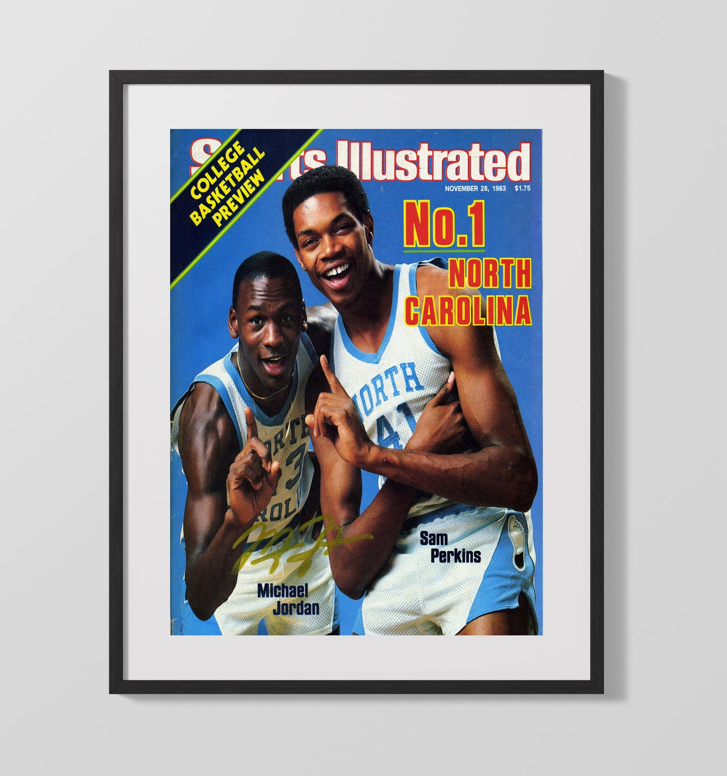 North Carolina Basketball Jordan and Sam Perkins No 1 Team Feature 1983 SI College Basketball Wall Art 16x20 Gallery Frame college basketball wall art print