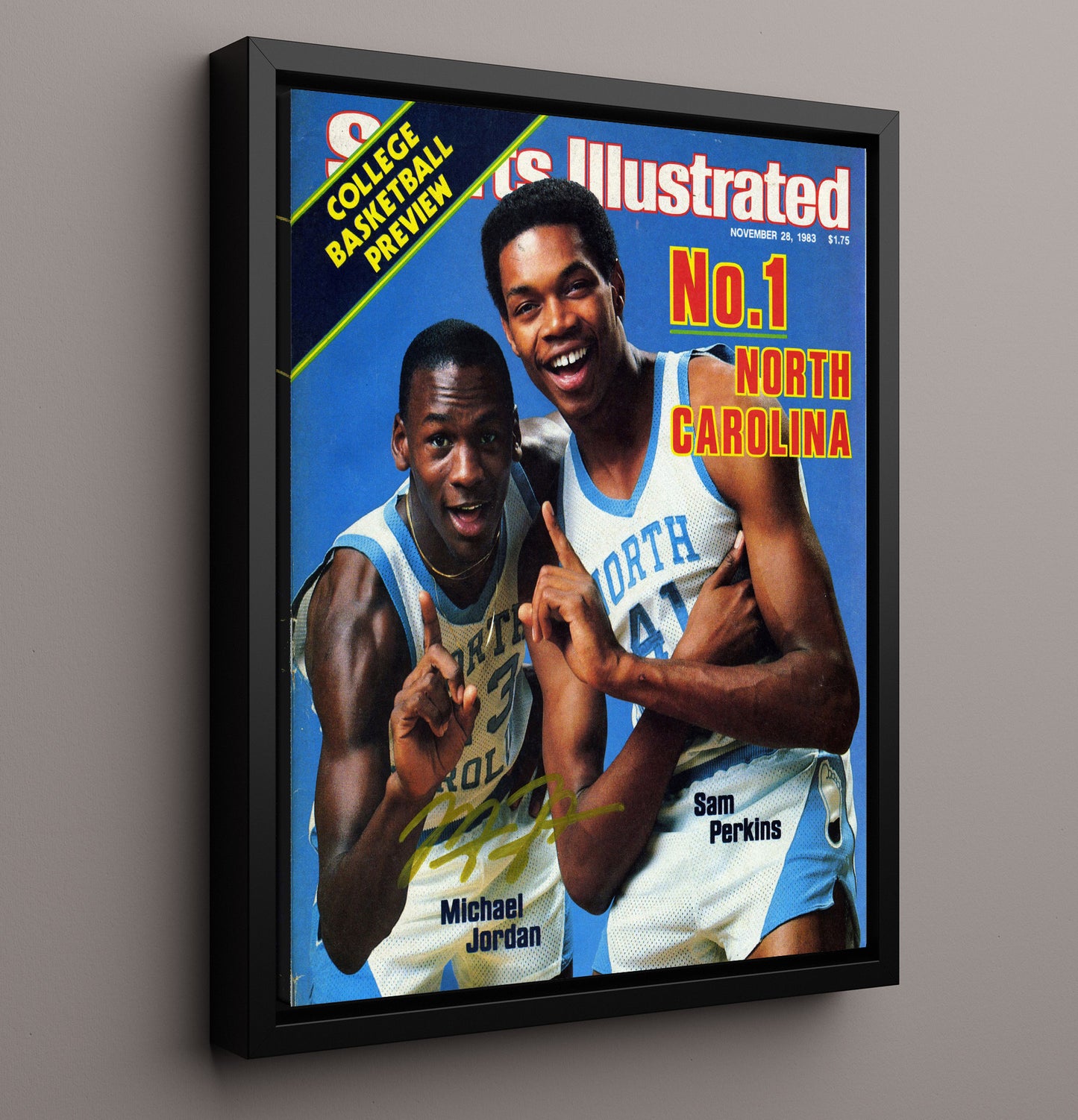 North Carolina Basketball Jordan and Sam Perkins No 1 Team Feature 1983 SI College Basketball Wall Art 16x20 Framed Canvas college basketball wall art print