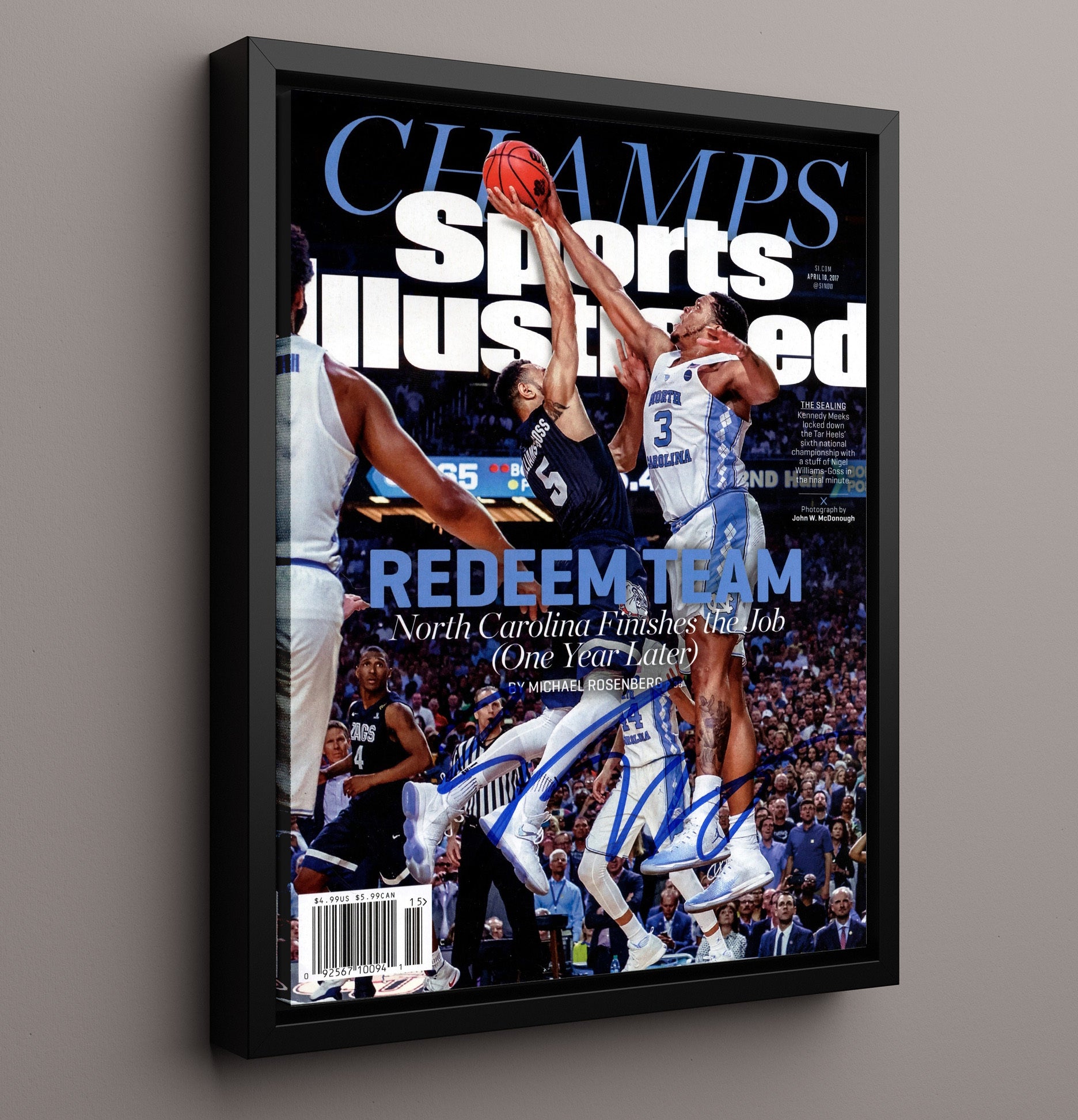 North Carolina Basketball Kennedy Meeks Championship Block SI Cover 2017 College Basketball Wall Art 16x20 Framed Canvas college basketball wall art print