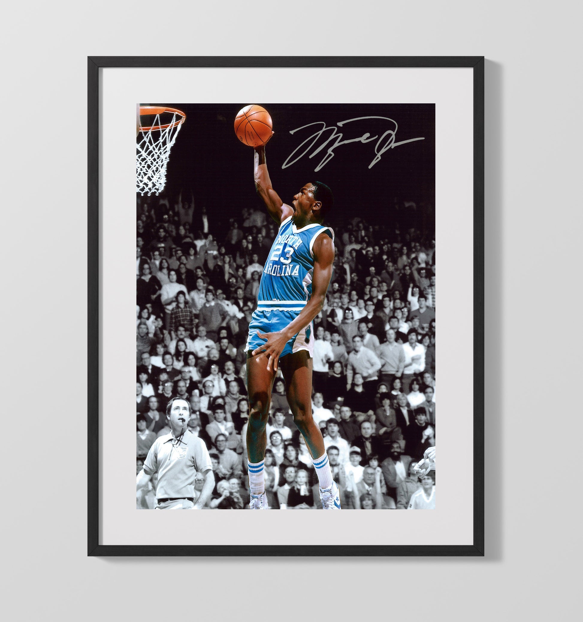 North Carolina Basketball Michael Jordan Dunk Carolina Blue Legacy College Basketball Wall Art 16x20 Gallery Frame college basketball wall art print