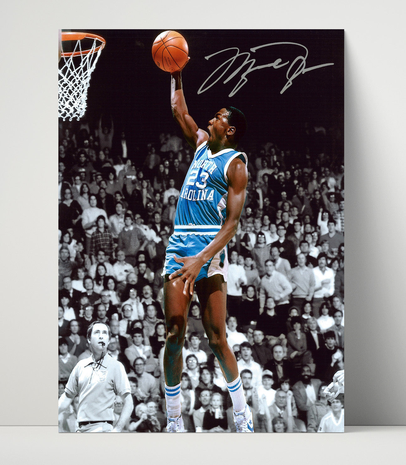 North Carolina Basketball Michael Jordan Dunk Carolina Blue Legacy College Basketball Wall Art 16x20 Unframed Print college basketball wall art print