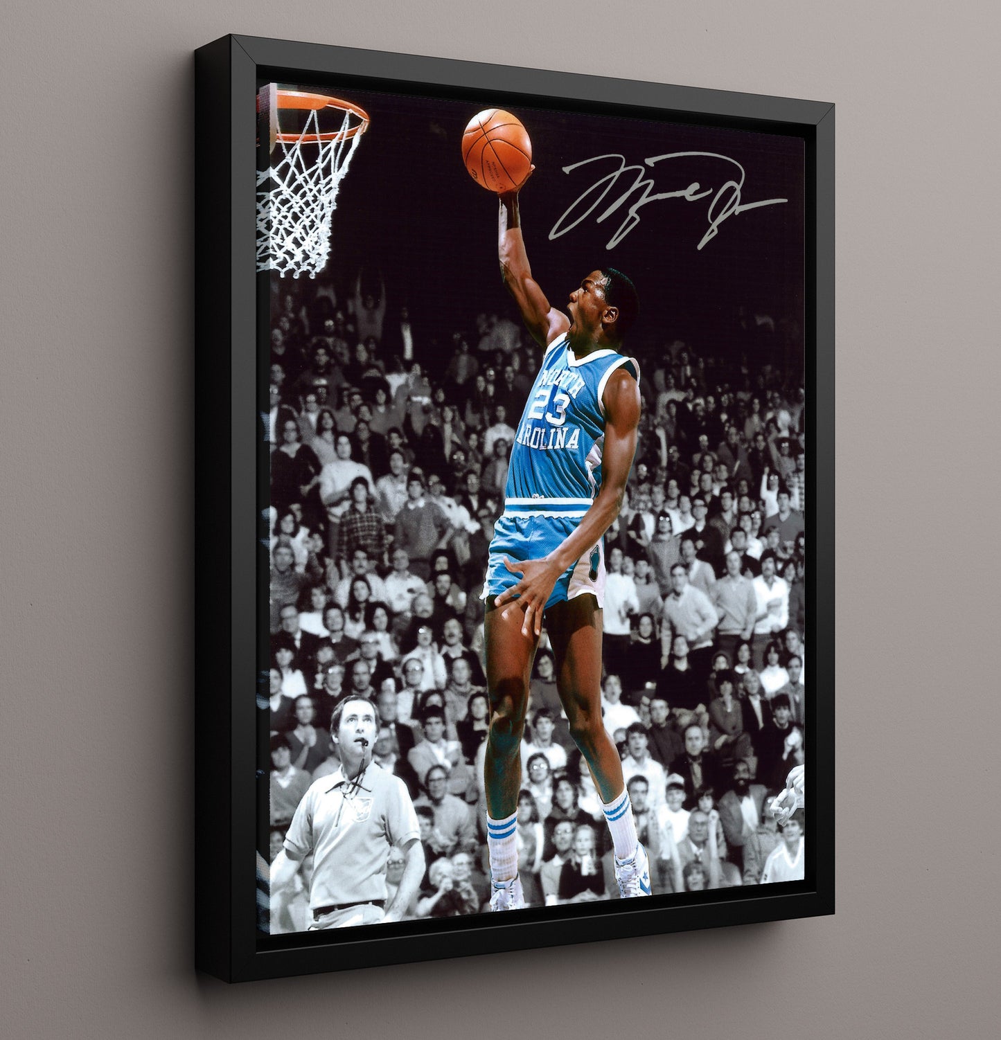 North Carolina Basketball Michael Jordan Dunk Carolina Blue Legacy College Basketball Wall Art 16x20 Framed Canvas college basketball wall art print