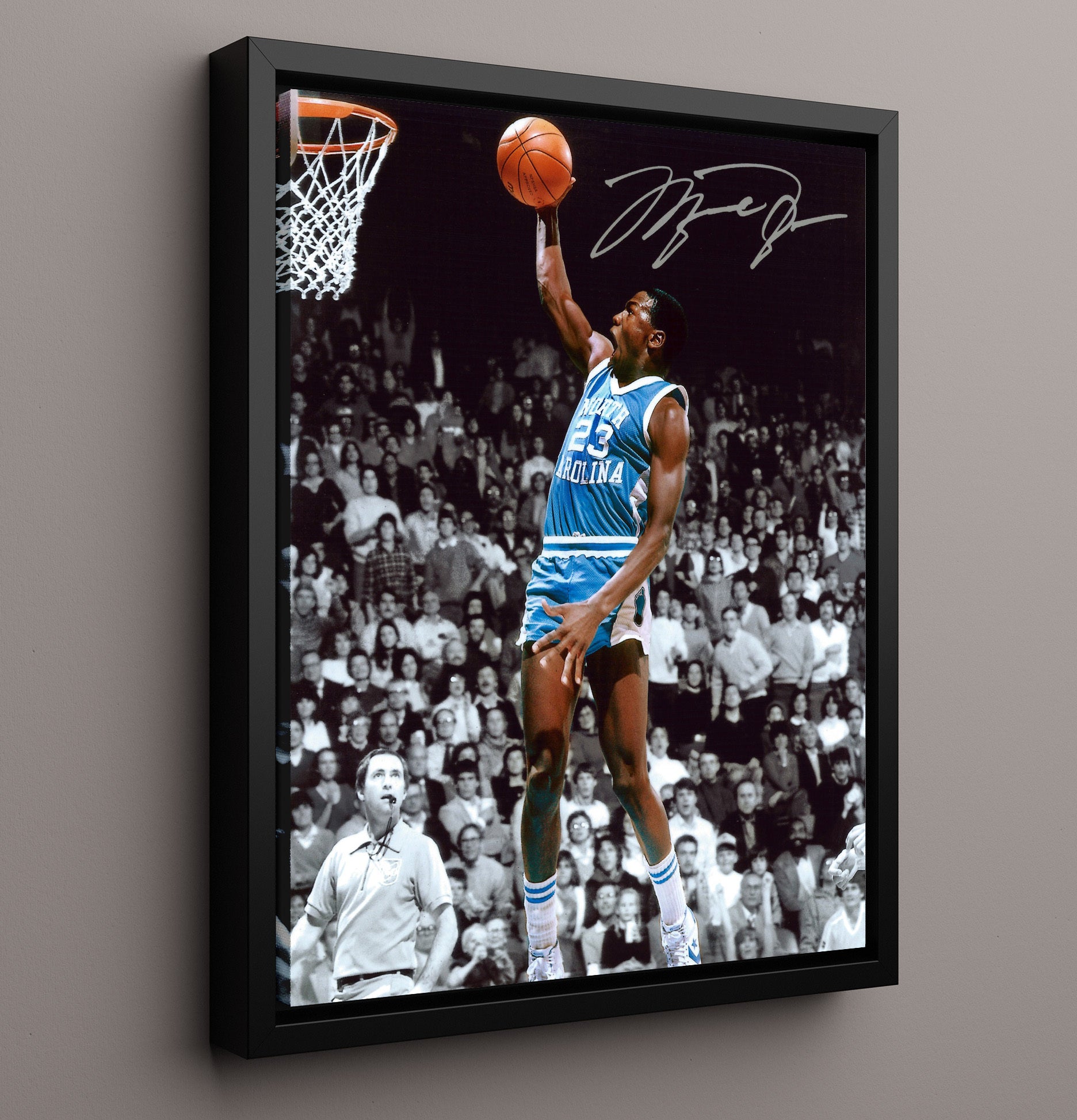 North Carolina Basketball Michael Jordan Dunk Carolina Blue Legacy College Basketball Wall Art 16x20 Framed Canvas college basketball wall art print