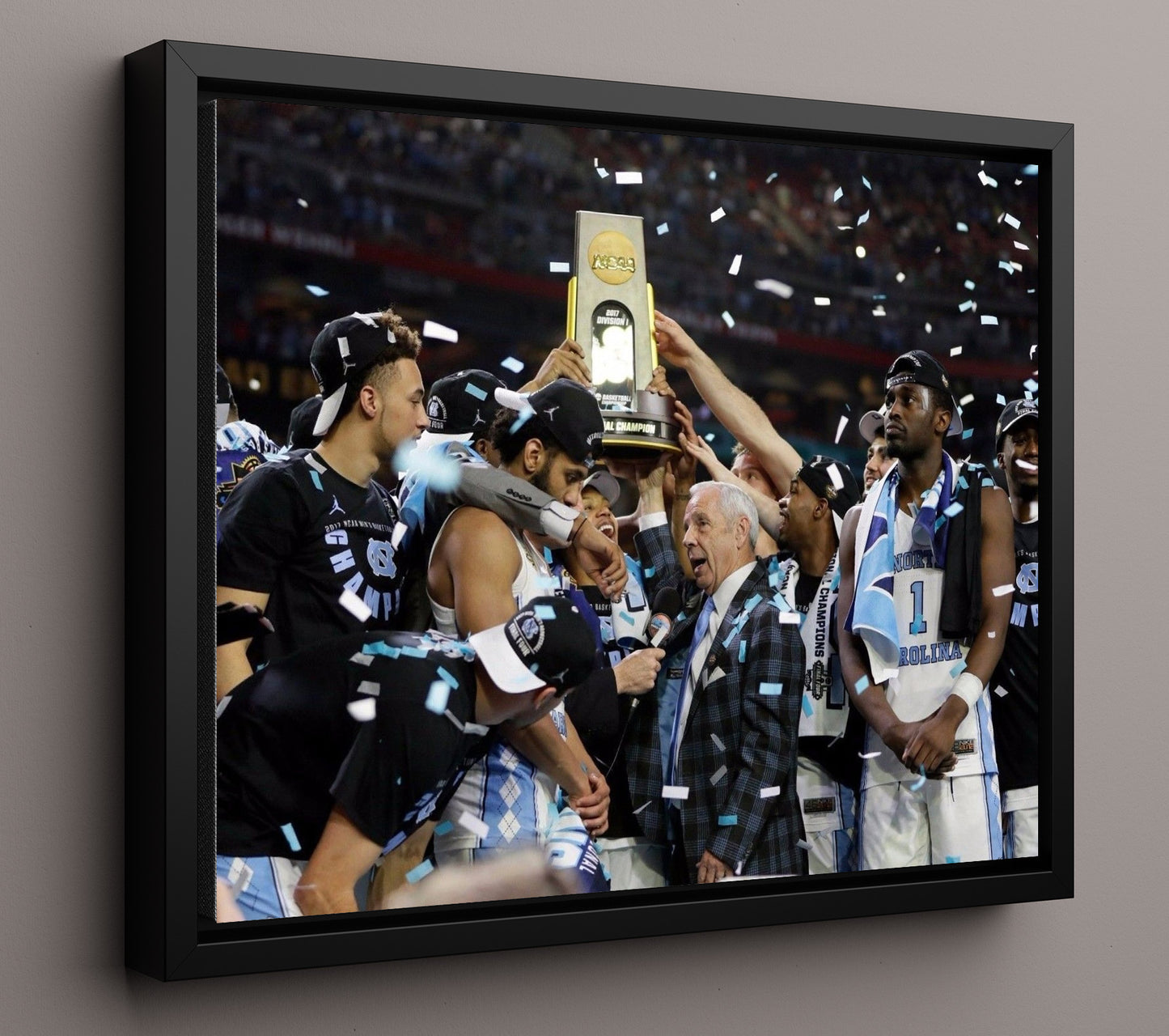 North Carolina Basketball NCAA Championship Trophy Celebration 2017 College Basketball Wall Art 16x20 Framed Canvas college basketball wall art print
