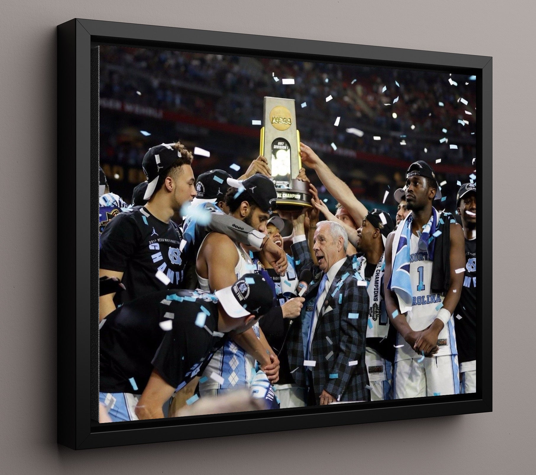North Carolina Basketball NCAA Championship Trophy Celebration 2017 College Basketball Wall Art 16x20 Framed Canvas college basketball wall art print