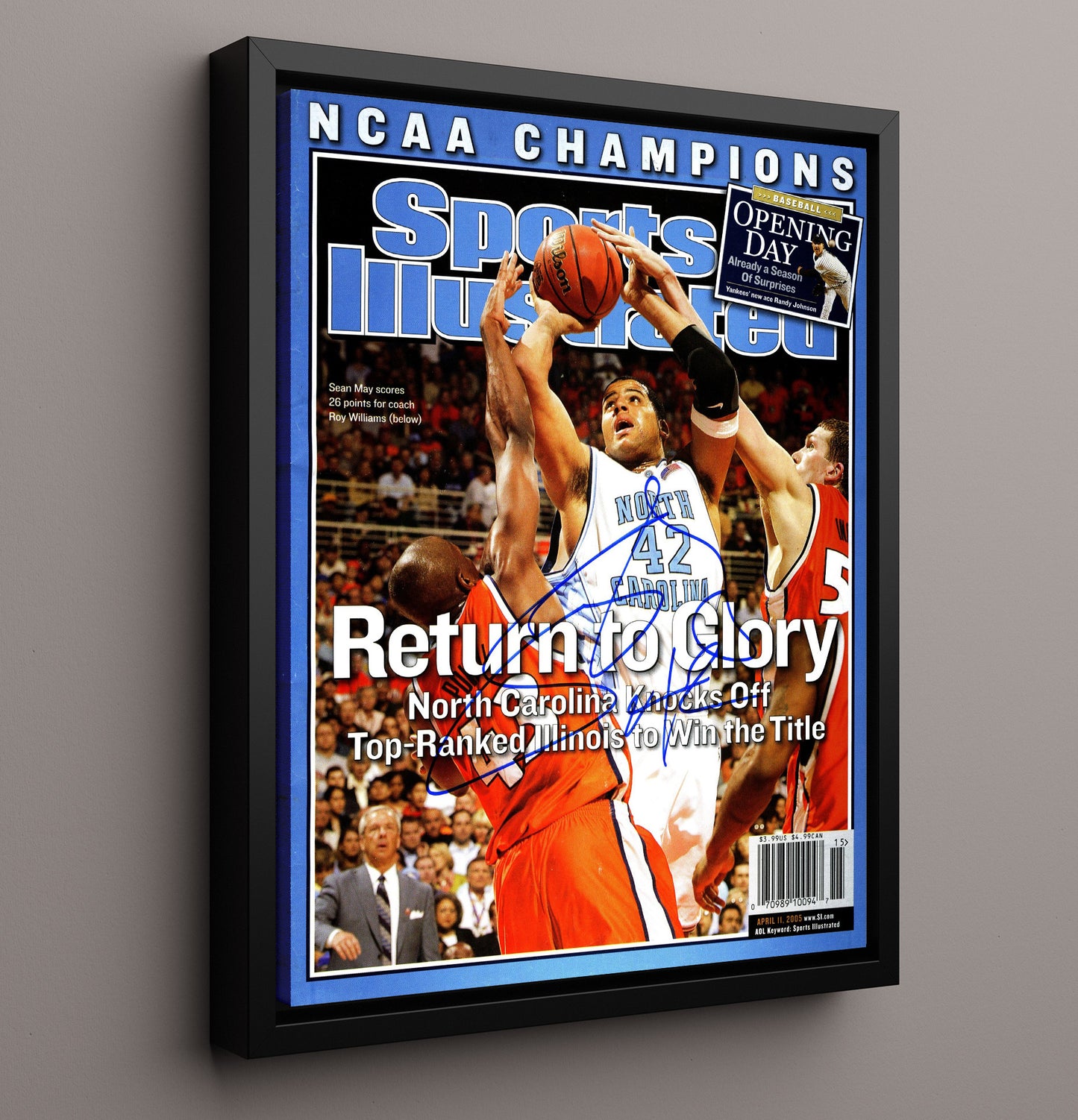 North Carolina Basketball Sean May Return to Glory SI Cover 2005 College Basketball Wall Art 16x20 Framed Canvas college basketball wall art print