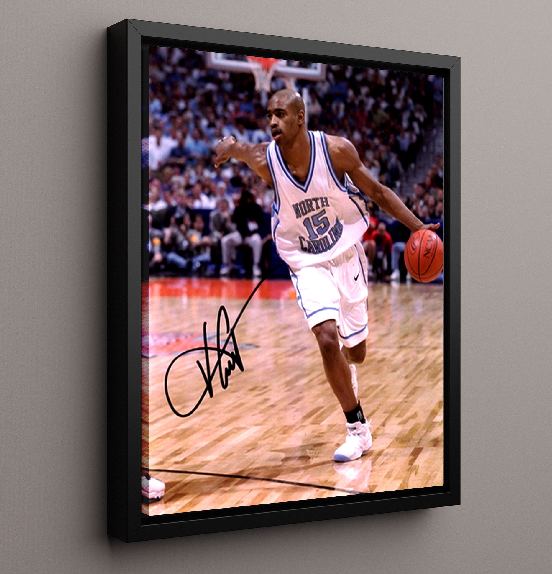 North Carolina Basketball Vince Carter Driving Lane Action College Basketball Wall Art 16x20 Framed Canvas college basketball wall art print