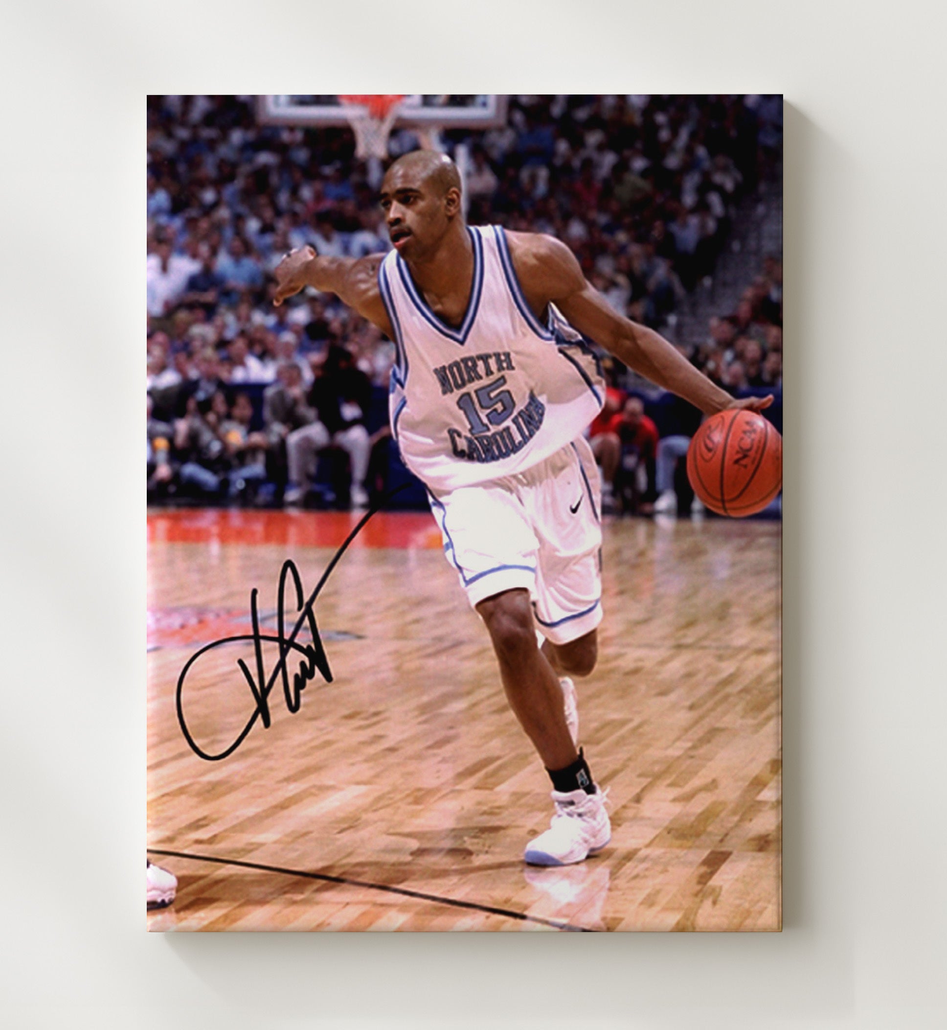North Carolina Basketball Vince Carter Driving Lane Action College Basketball Wall Art 20x24 Canvas college basketball wall art print