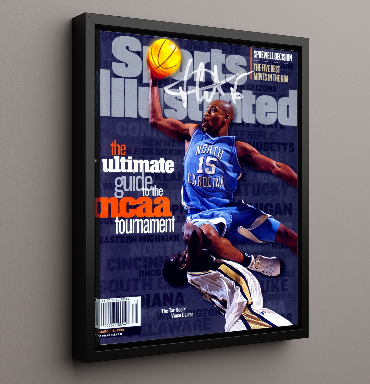 North Carolina Basketball Vince Carter NCAA Tournament Explosive Dunk 1995 SI College Basketball Wall Art 16x20 Framed Canvas college basketball wall art print