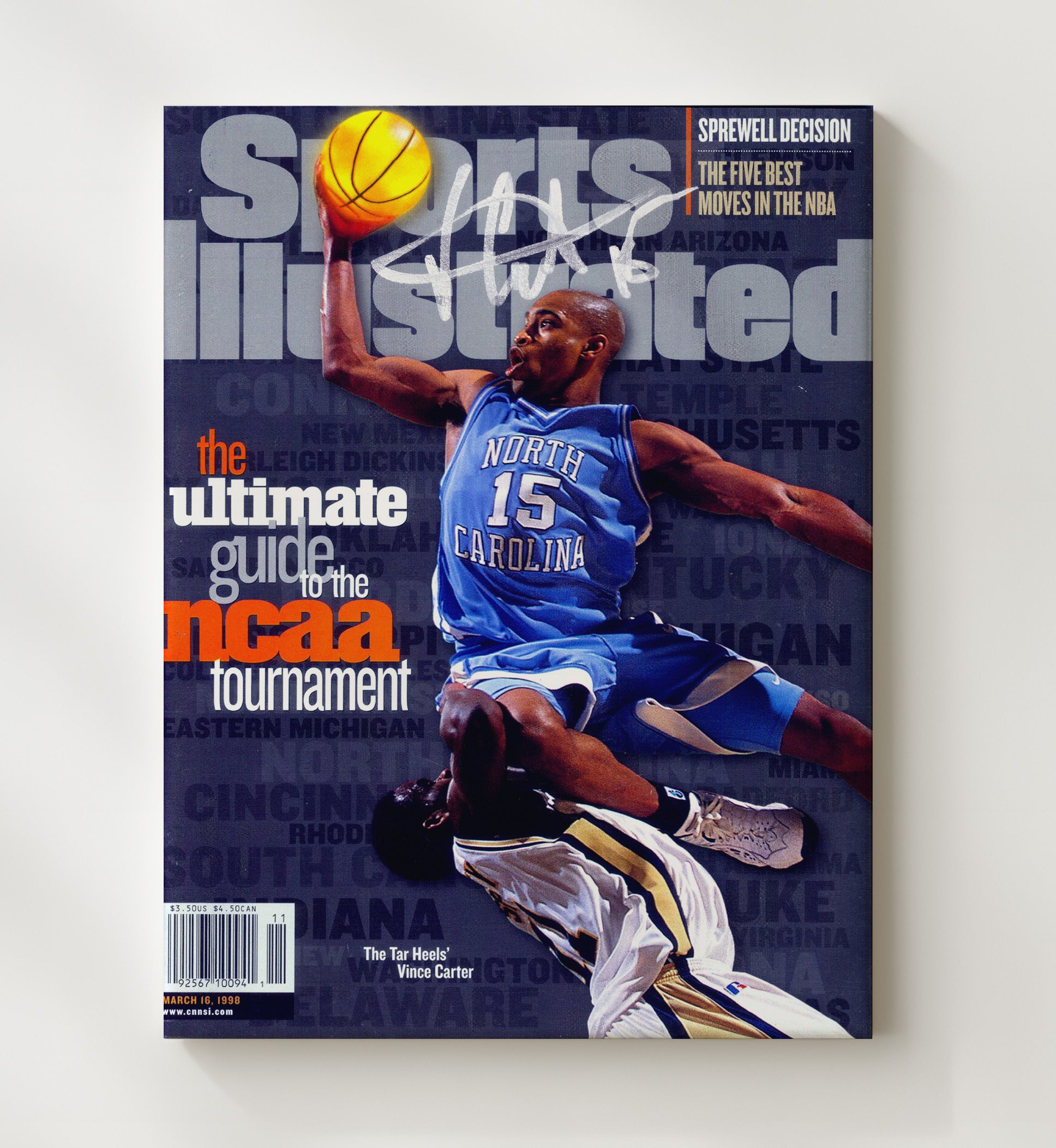 North Carolina Basketball Vince Carter NCAA Tournament Explosive Dunk 1995 SI College Basketball Wall Art 20x24 Canvas college basketball wall art print