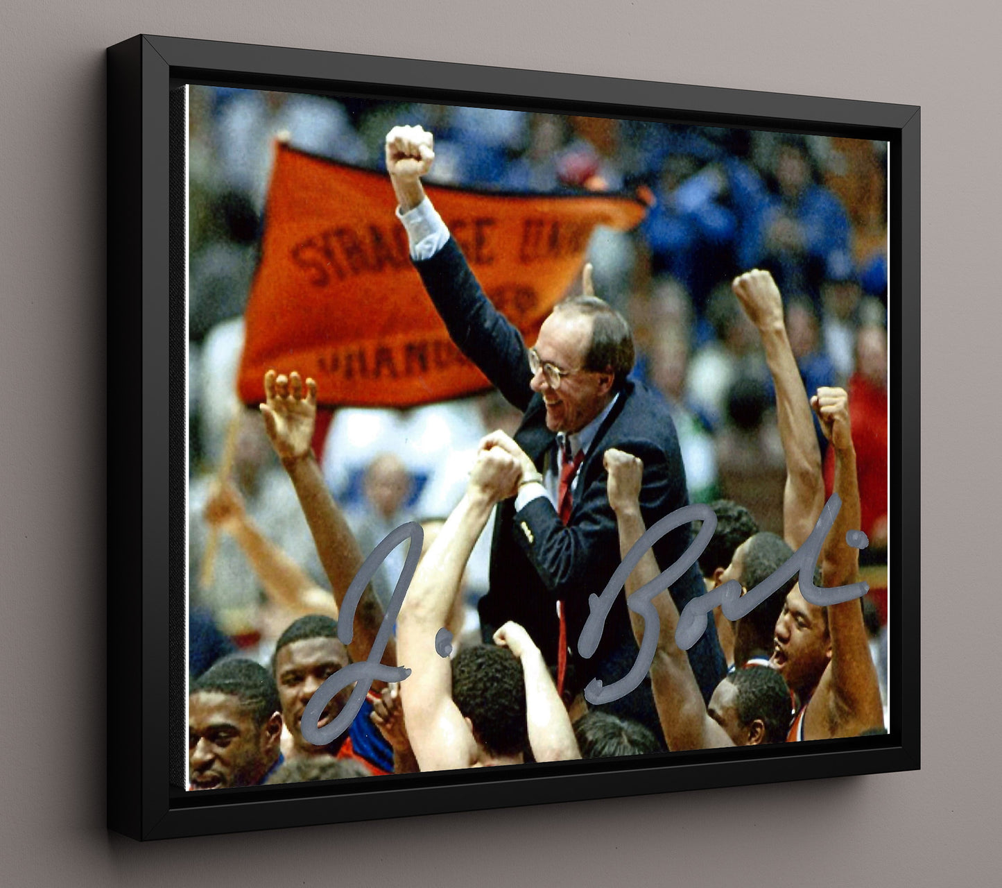 Syracuse Basketball Jim Boeheim a championship celebration Lift College Basketball Wall Art 16x20 Framed Canvas college basketball wall art print