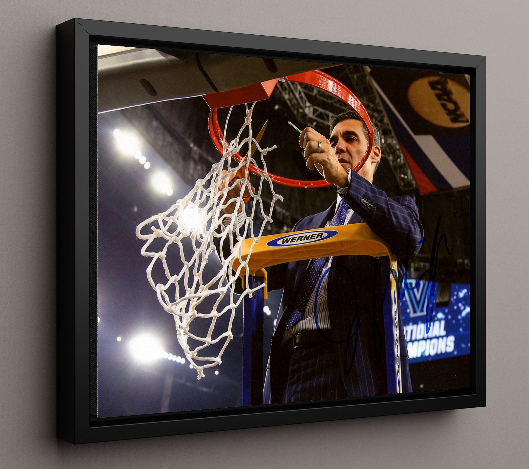 Villanova Basketball Jay Wright Net Cutting Championship Tradition College Basketball Wall Art 16x20 Framed Canvas college basketball wall art print