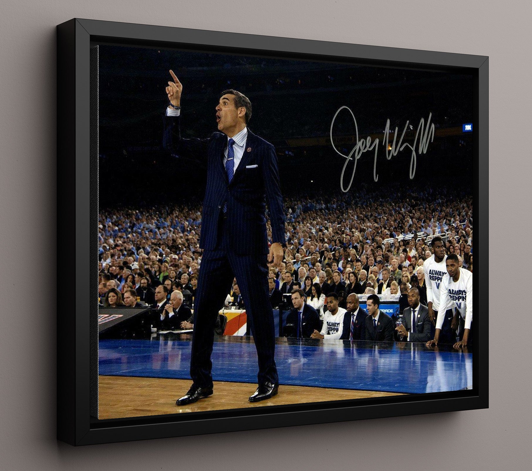 Villanova Basketball Jay Wright Sideline Coaching Point College Basketball Wall Art 16x20 Framed Canvas college basketball wall art print